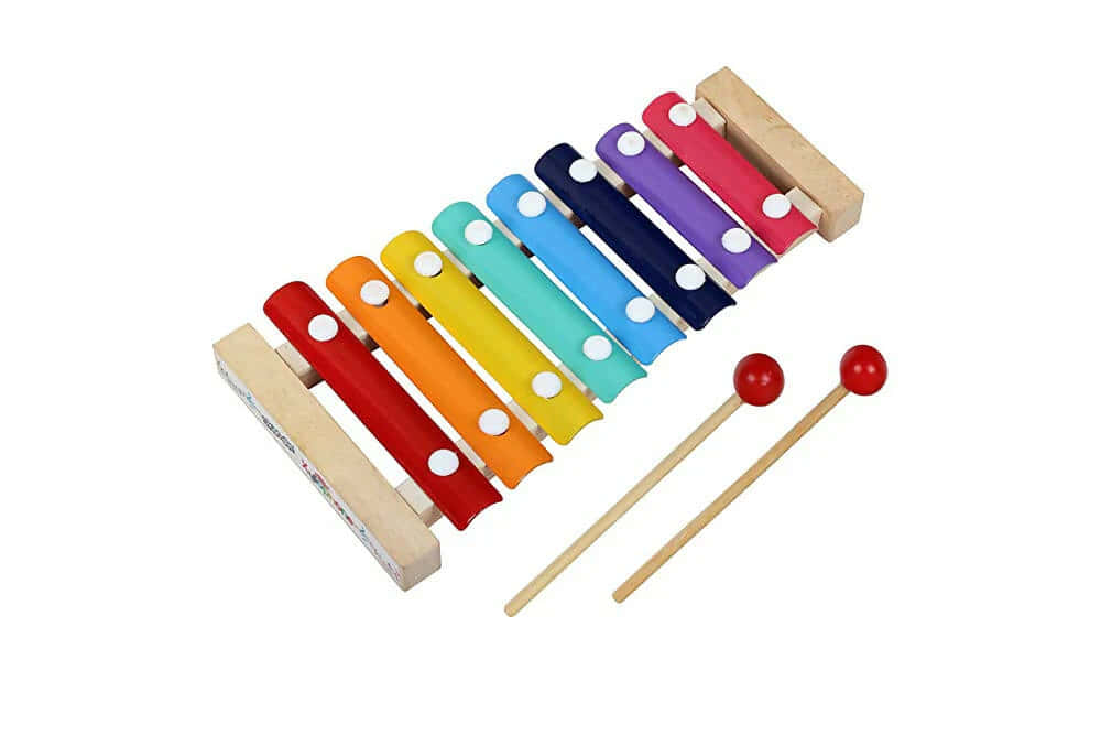 colorful wooden xylophone, rainbow keys, red-tipped mallets, SD Desktop Wallpaper