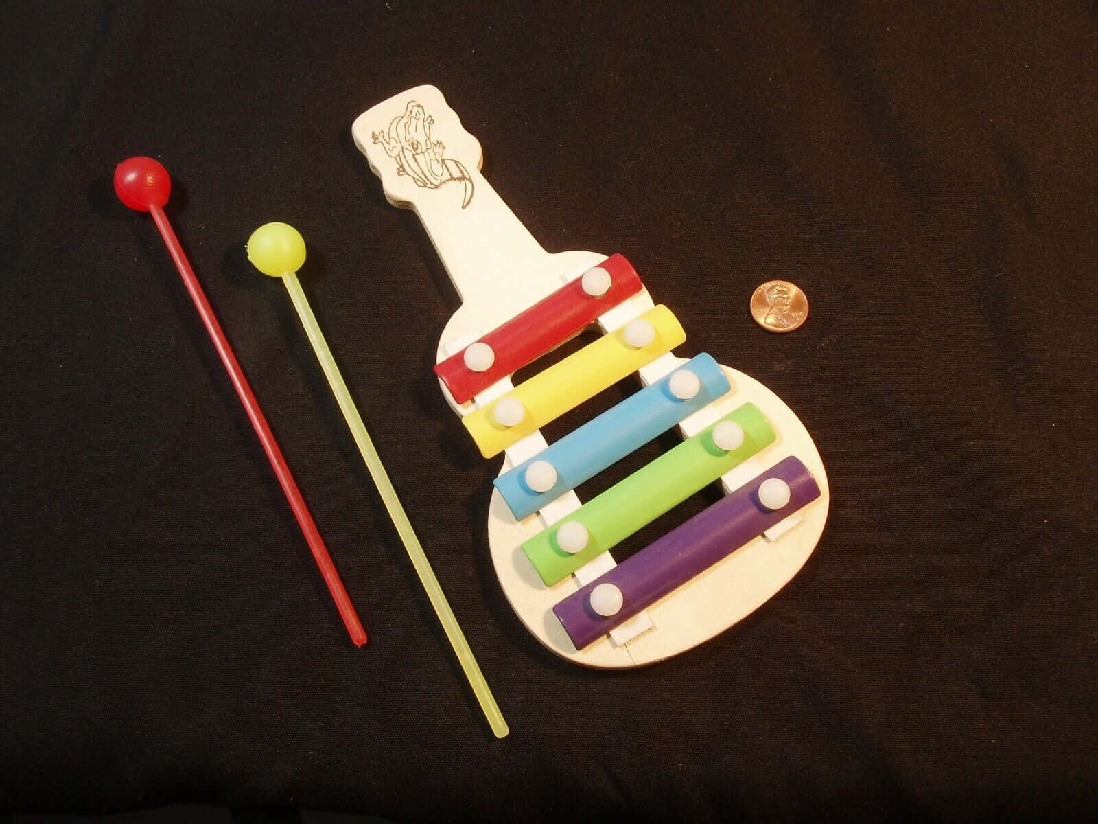 colorful guitar-shaped xylophone, rainbow keys, two mallets, HD Desktop Wallpaper
