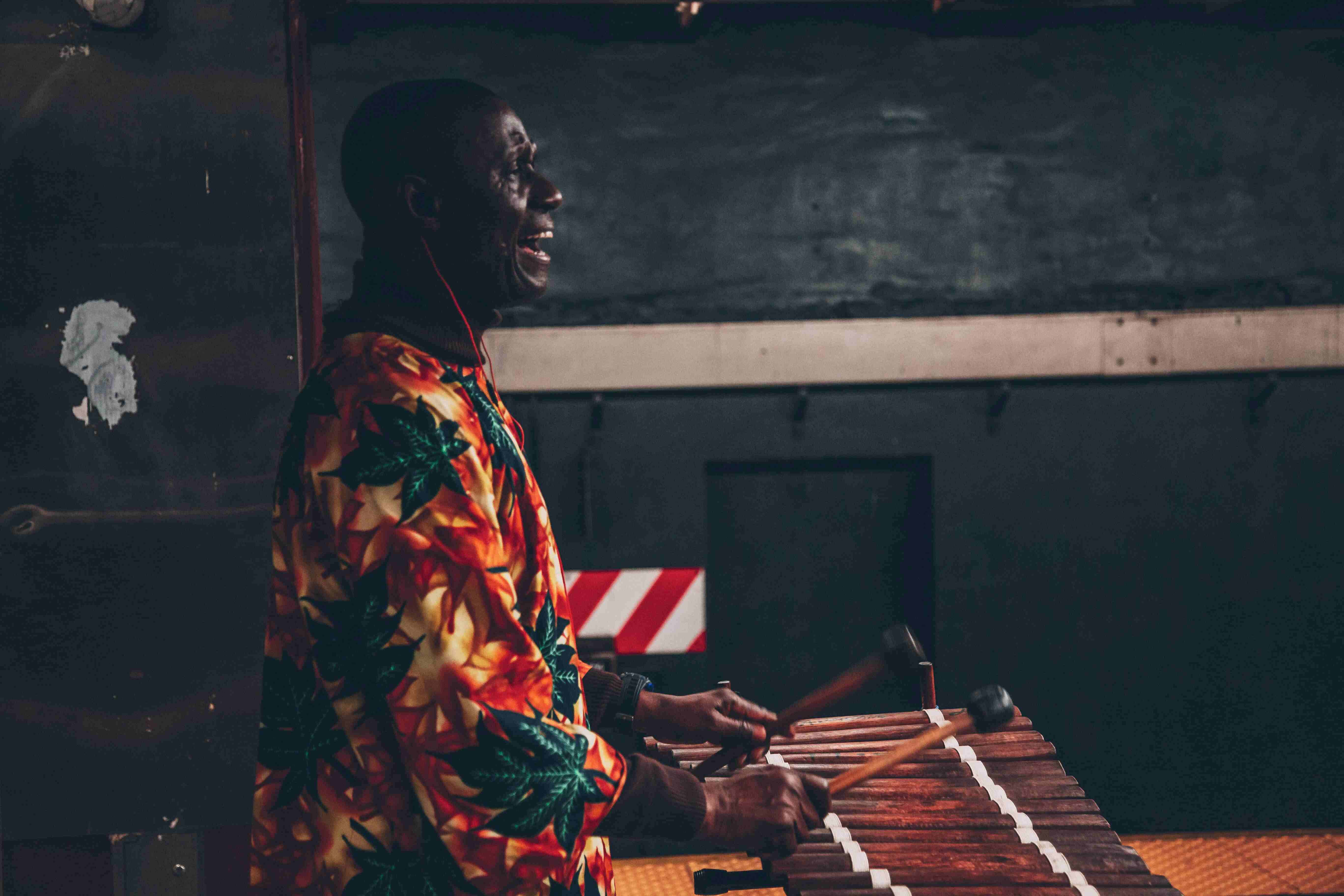 joyful xylophone player, wooden xylophone, leaf-patterned shirt, 5K Desktop Wallpaper