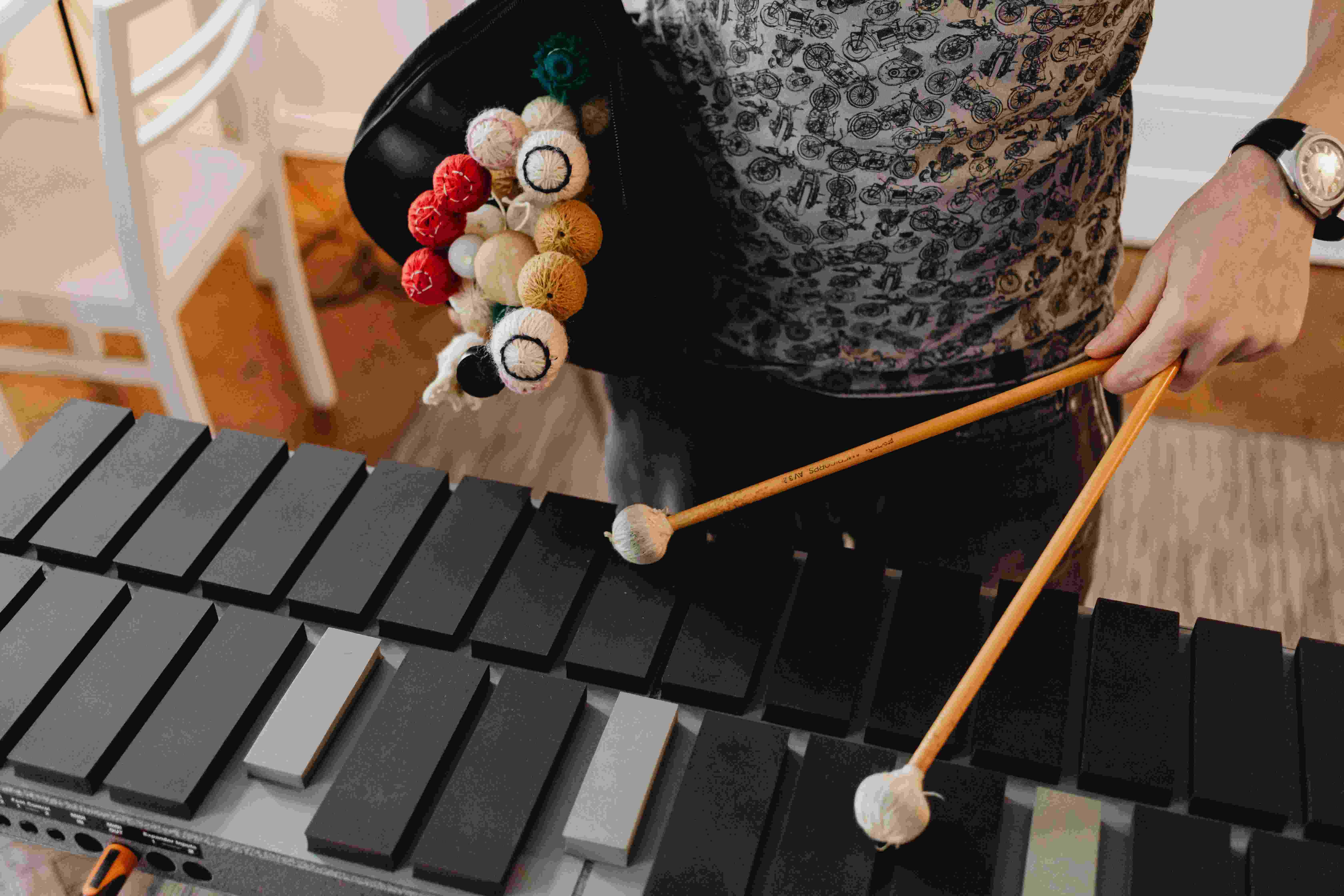 black xylophone, wooden mallets, colorful knitted bag, 5K Desktop Wallpaper