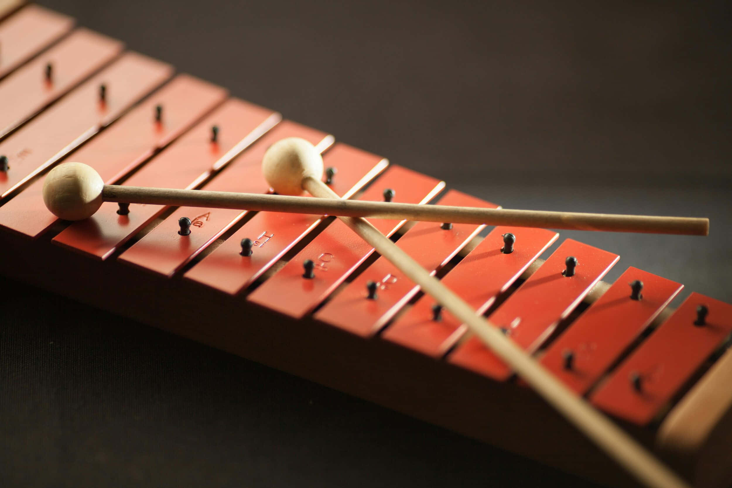 red xylophone, wooden mallets, dark background, Full HD Desktop Wallpaper