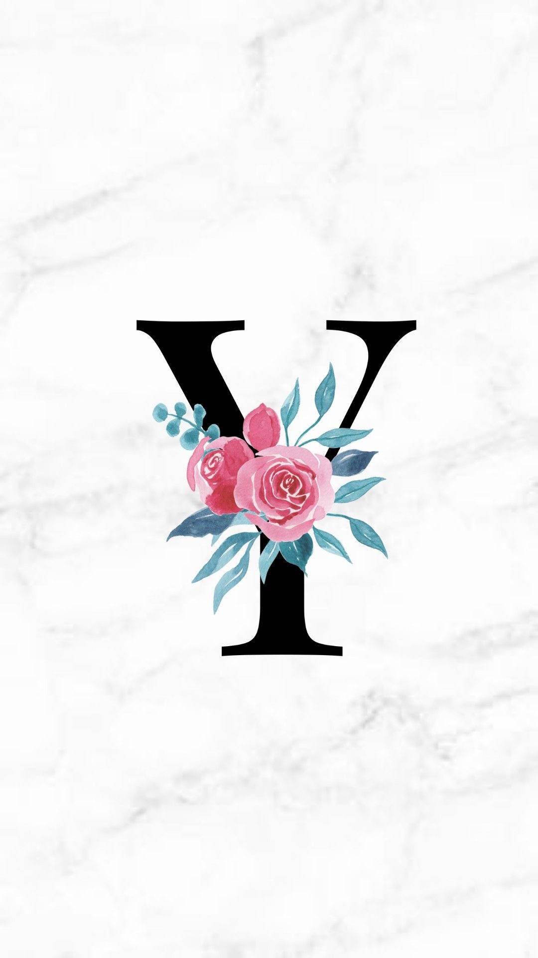 letter Y, pink roses, teal leaves, Full HD Phone Wallpaper