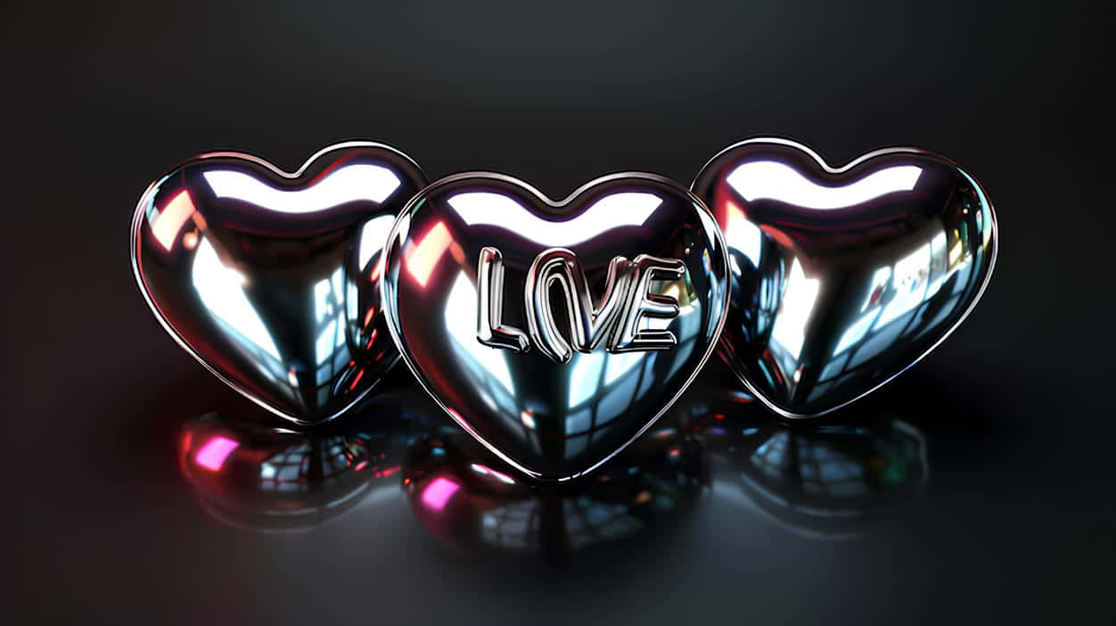 reflective love hearts3 d, shiny chrome hearts, LOVE engraved, SD Desktop Wallpaper