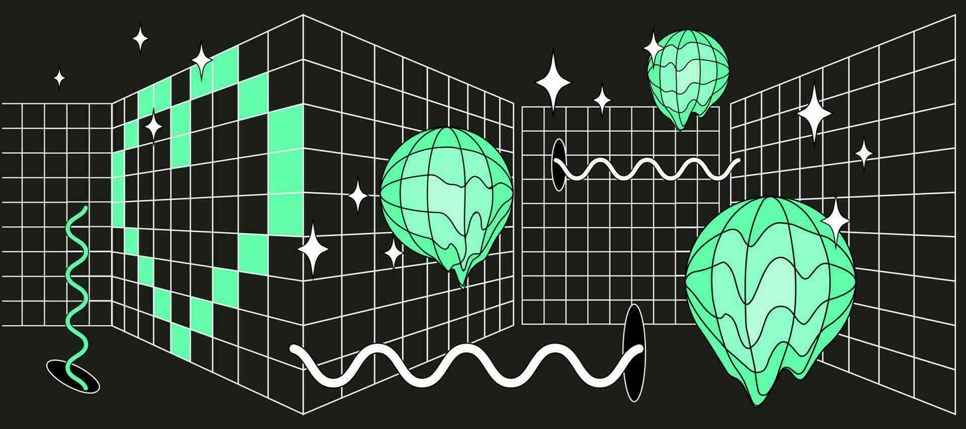 retro futuristic3 d landscape, vibrant green geometric spheres, black grid space, Full HD Desktop Wallpaper
