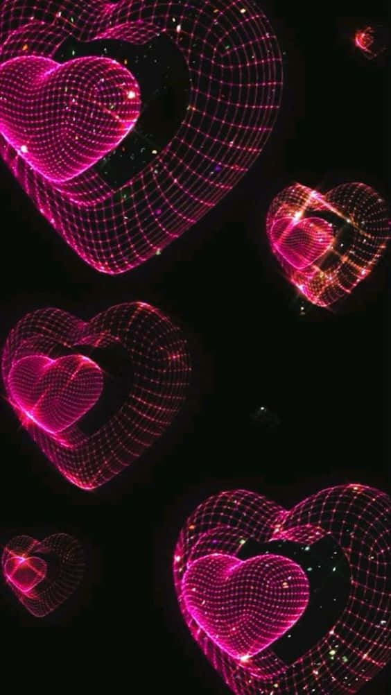neon heart lights3 d, glowing pink wireframe hearts, black background, SD Phone Wallpaper