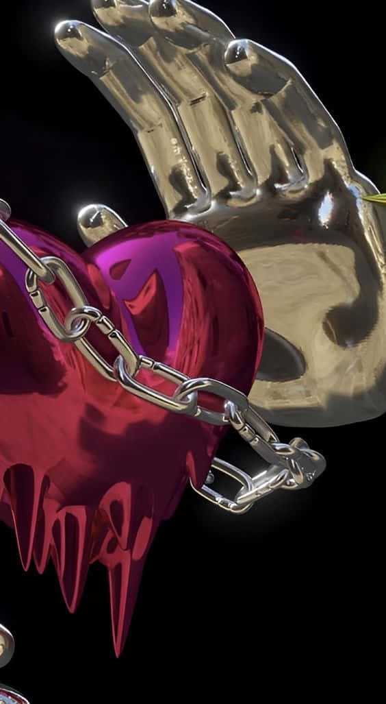 Chained Heartin Hand3 D Art, metallic hand, glossy red heart, SD Phone Wallpaper