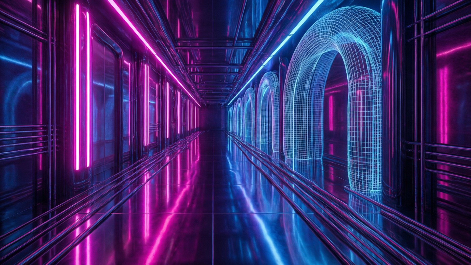 Y2K 3d, neon strips, chrome floors, Full HD Desktop Wallpaper