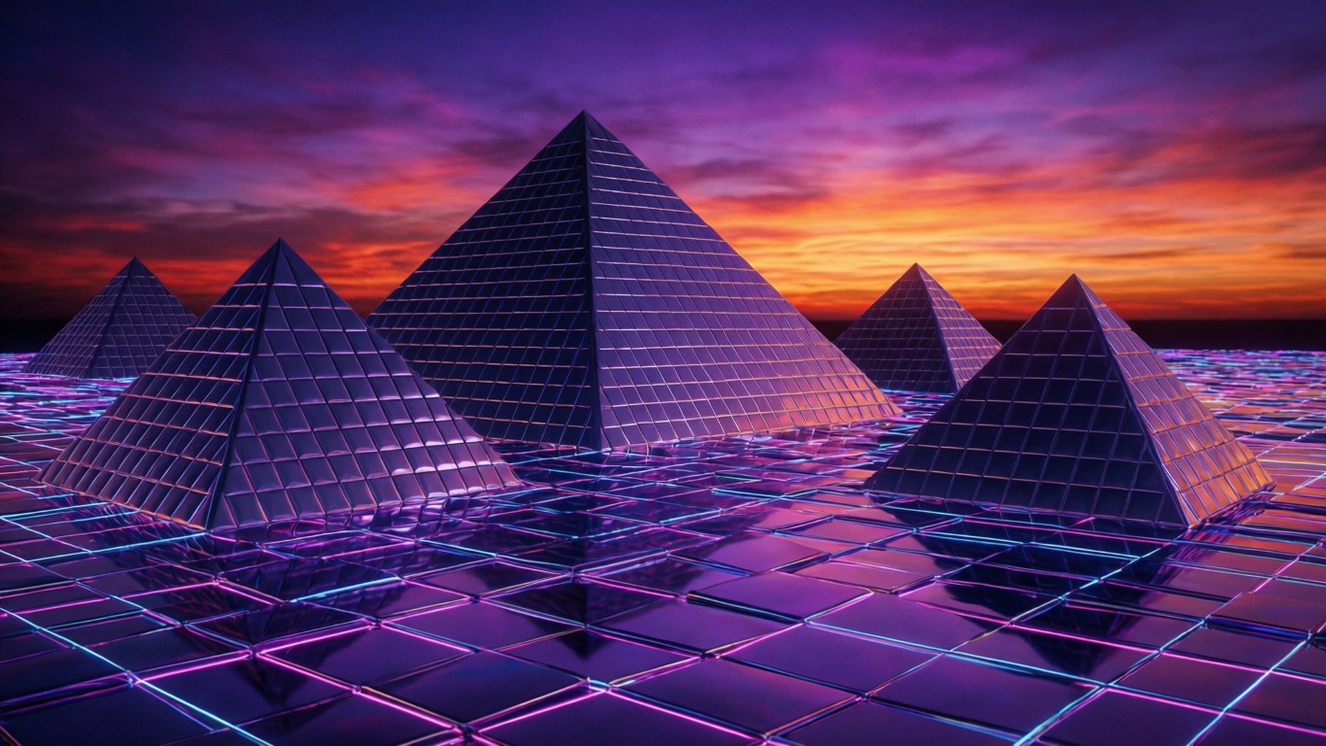 chrome pyramids, neon grids, sunset, Full HD Desktop Wallpaper