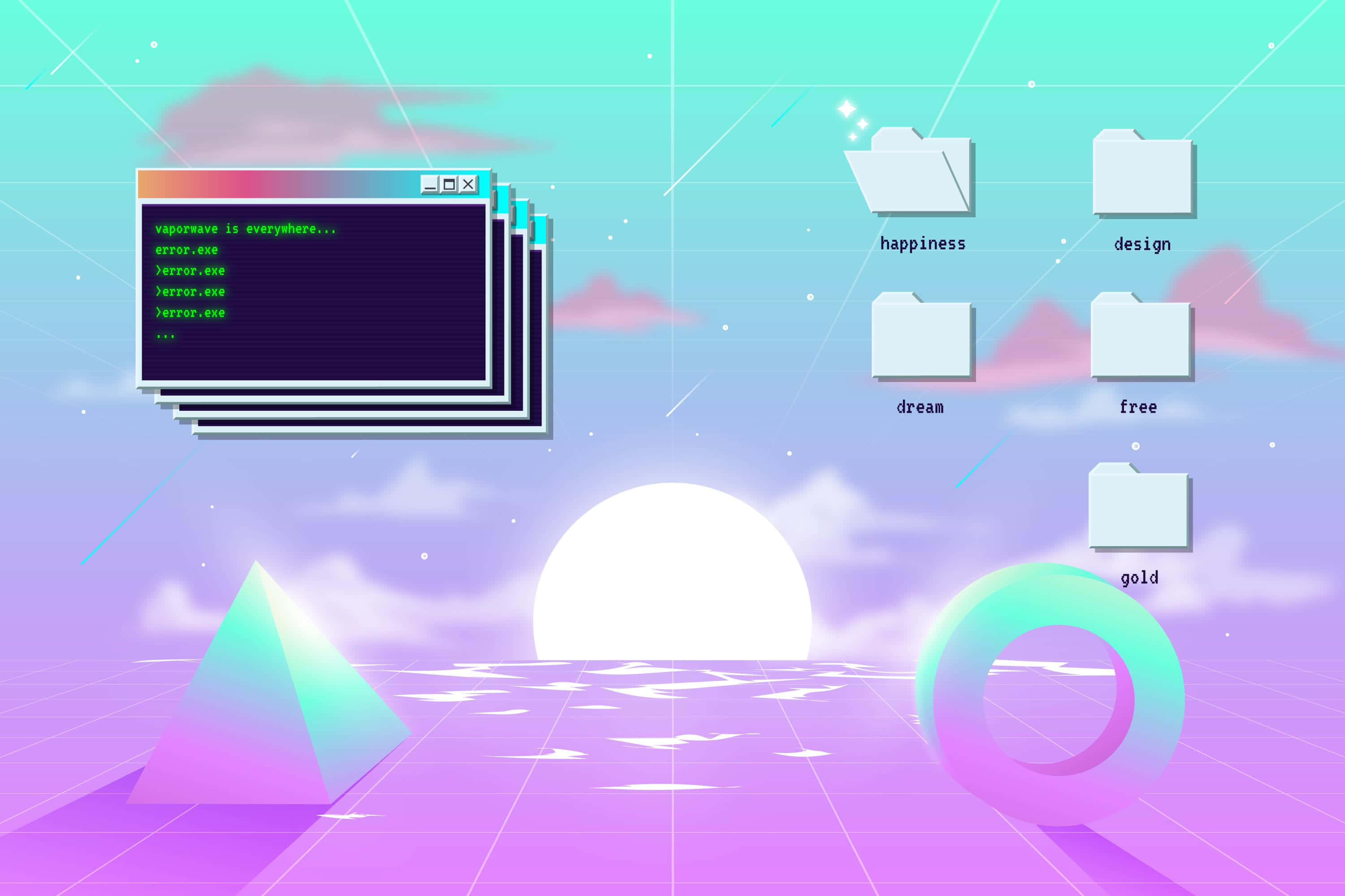 vaporwave desktop, glowing folders, terminal window, 2K Desktop Wallpaper