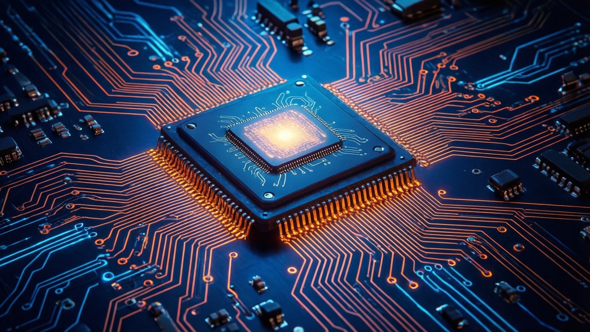 circuit board, central chip, glowing, Full HD Desktop Wallpaper