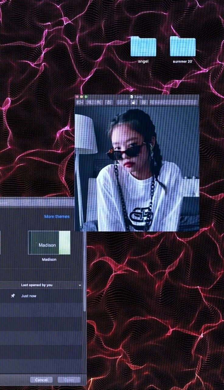 Cybercore Y2 K Aesthetic Desktop, glitchy portrait of a woman in sunglasses, vibrant pink and black wavy line background, SD Phone Wallpaper