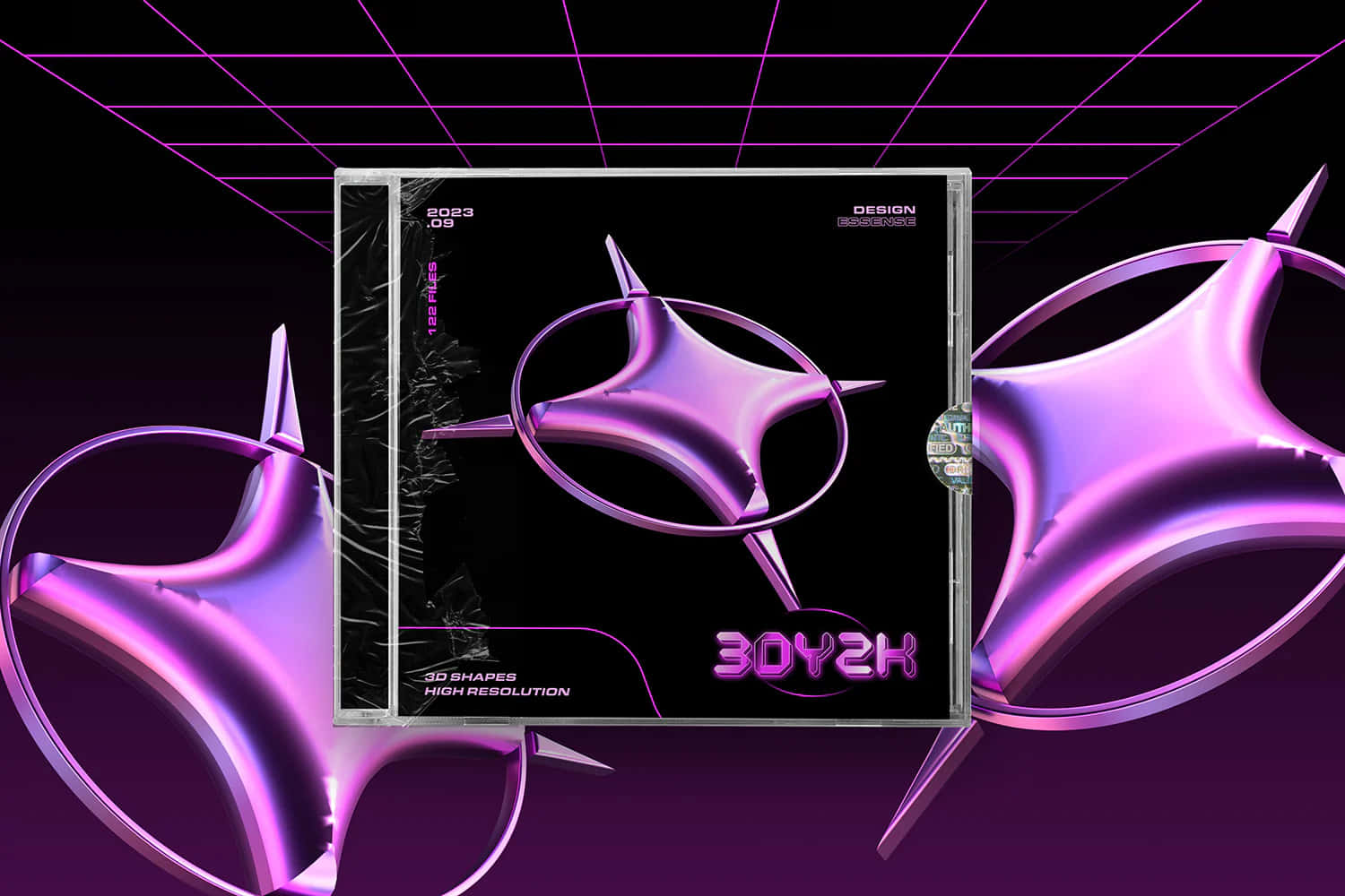 Y2 K3 D Shapes Design Concept, glowing purple 3D star shapes, CD case, HD Desktop Wallpaper
