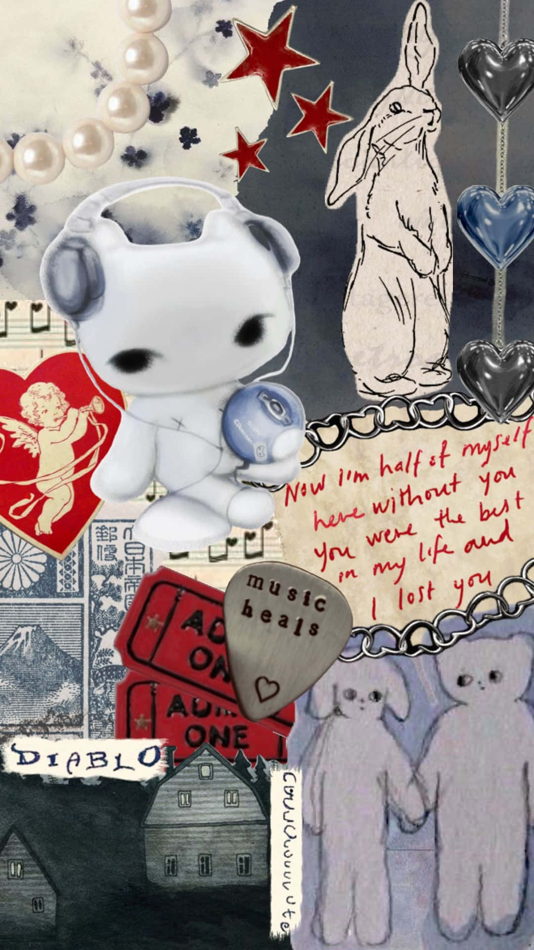 Y2k Grunge Collage, white bunny in headphones, red stars, Full HD Phone Wallpaper