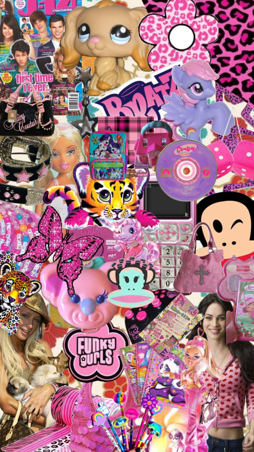 Y2K Aesthetic, pink leopard print, glittery pop culture items, Full HD Phone Wallpaper