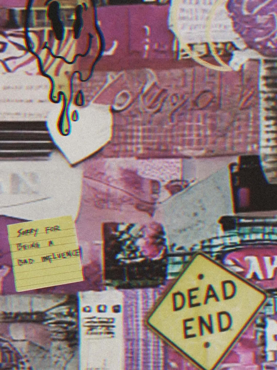 glitchy purple collage, dripping smiley face, yellow dead end sign, HD Phone Wallpaper