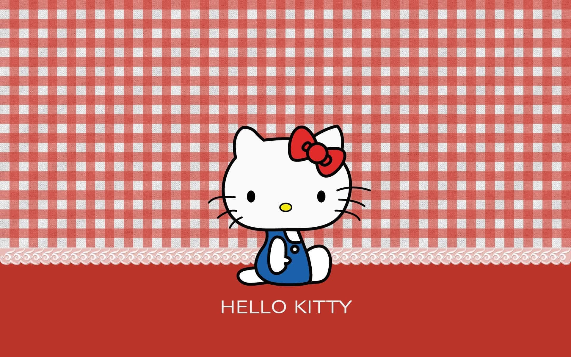 Hello Kitty, blue overalls, red and white checkered background, Full HD Desktop Wallpaper