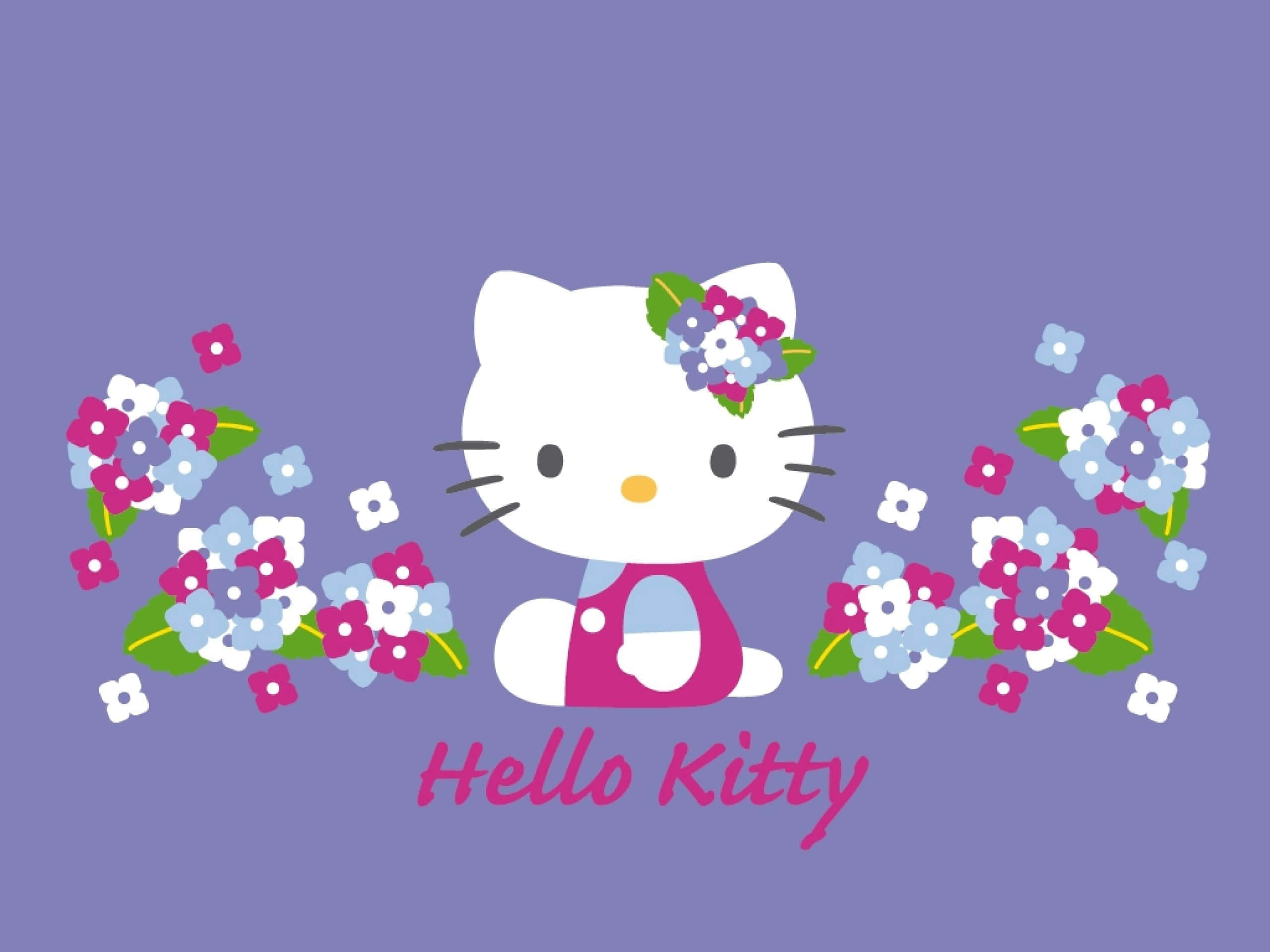 Hello Kitty, floral design, pink and blue flowers, 2K Desktop Wallpaper