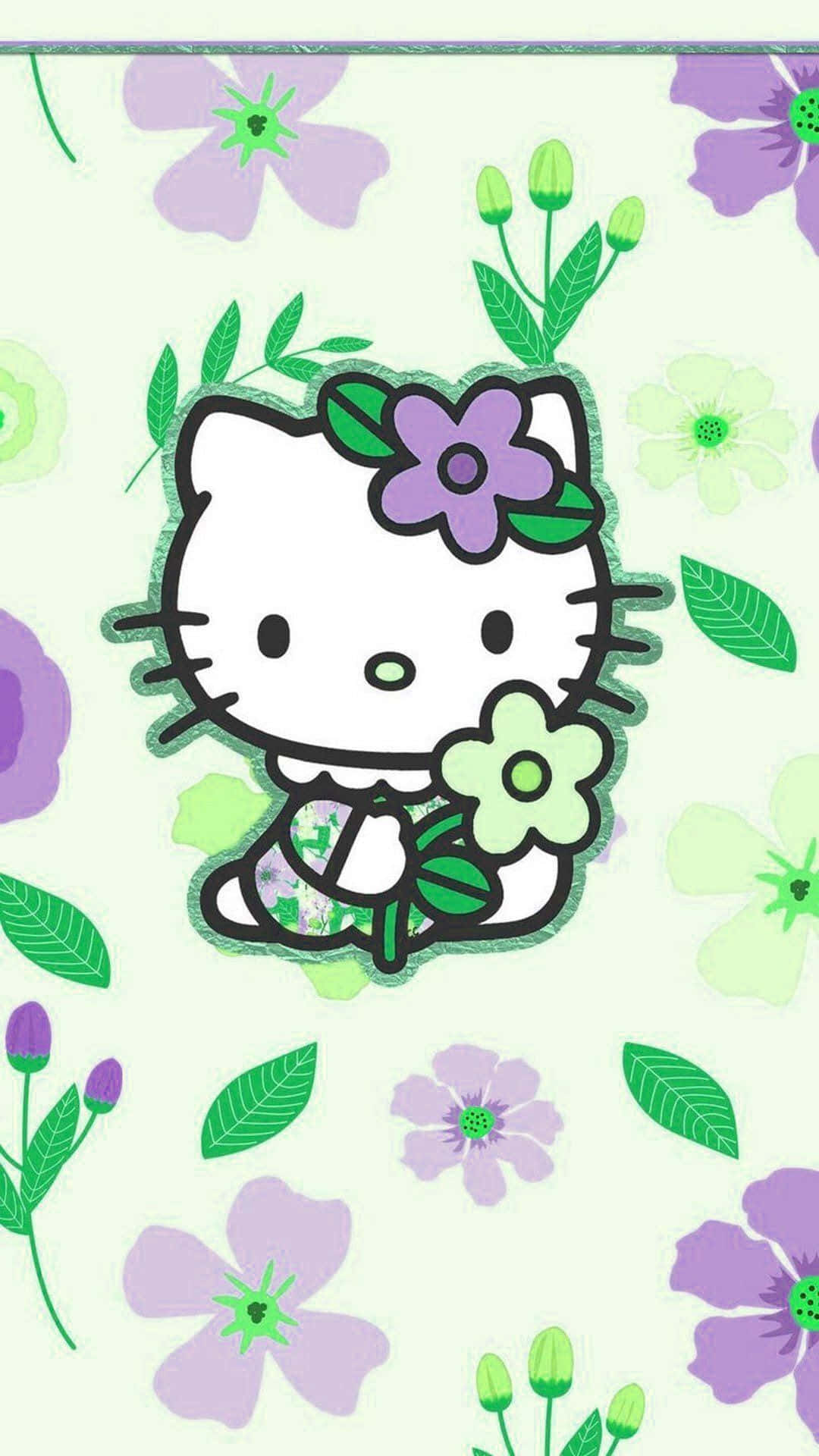 Hello Kitty, green flower, purple and green blooms, Full HD Phone Wallpaper