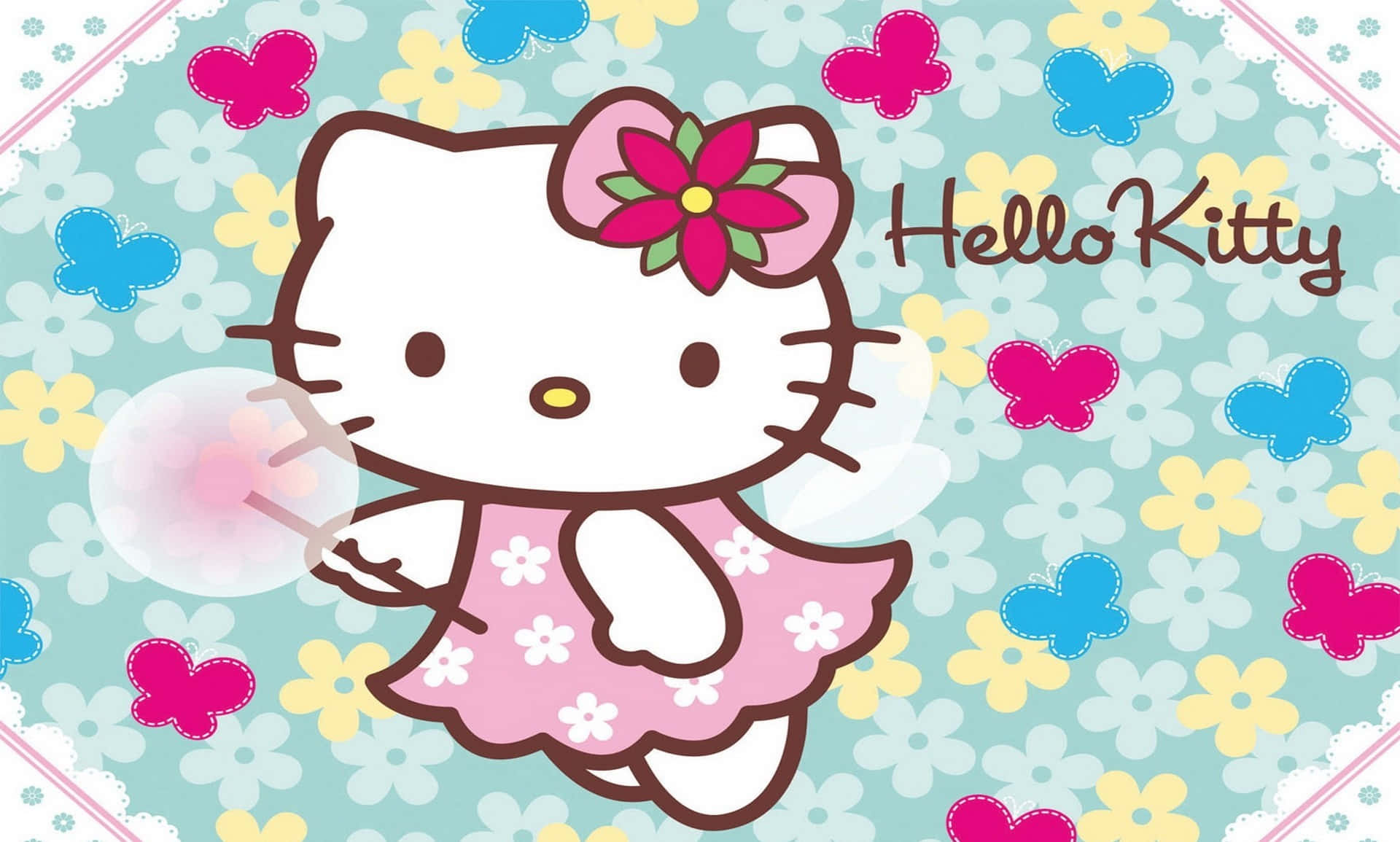 Hello Kitty, pink floral dress, bubble wand, Full HD Desktop Wallpaper