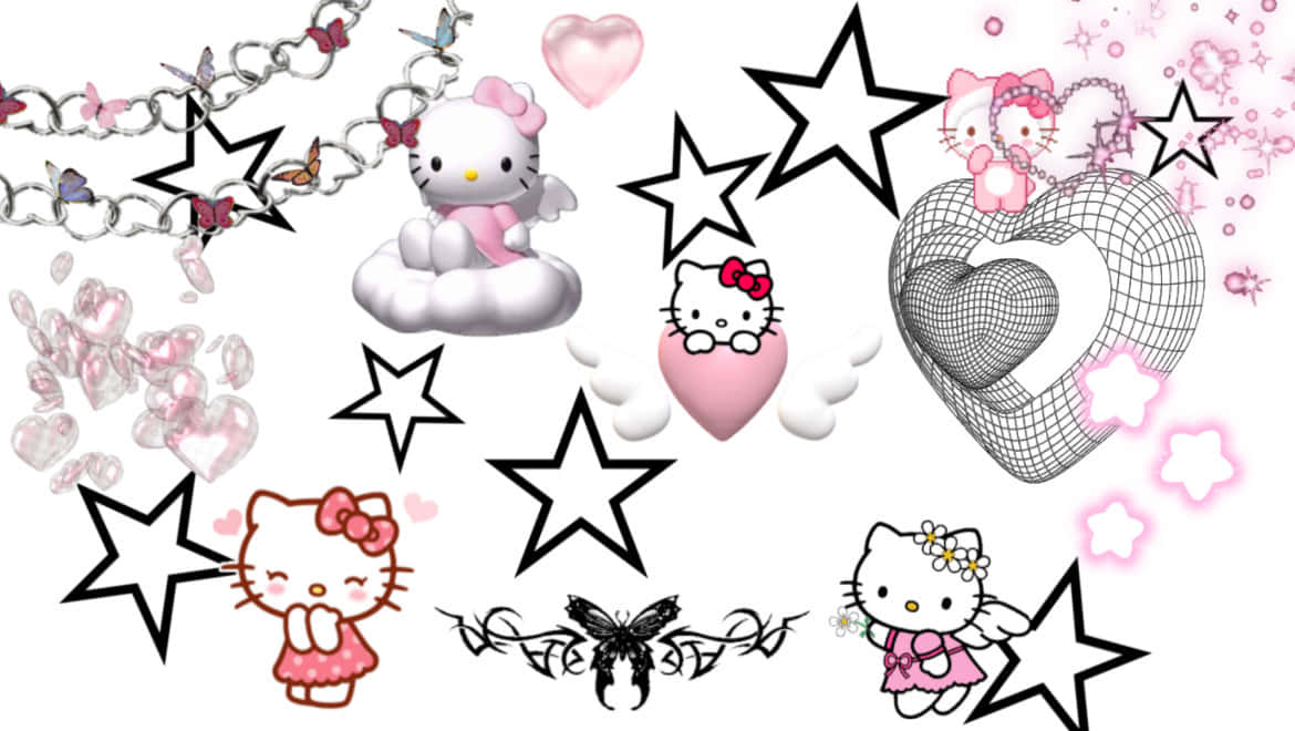 Hello Kitty, pink hearts, stars, SD Desktop Wallpaper