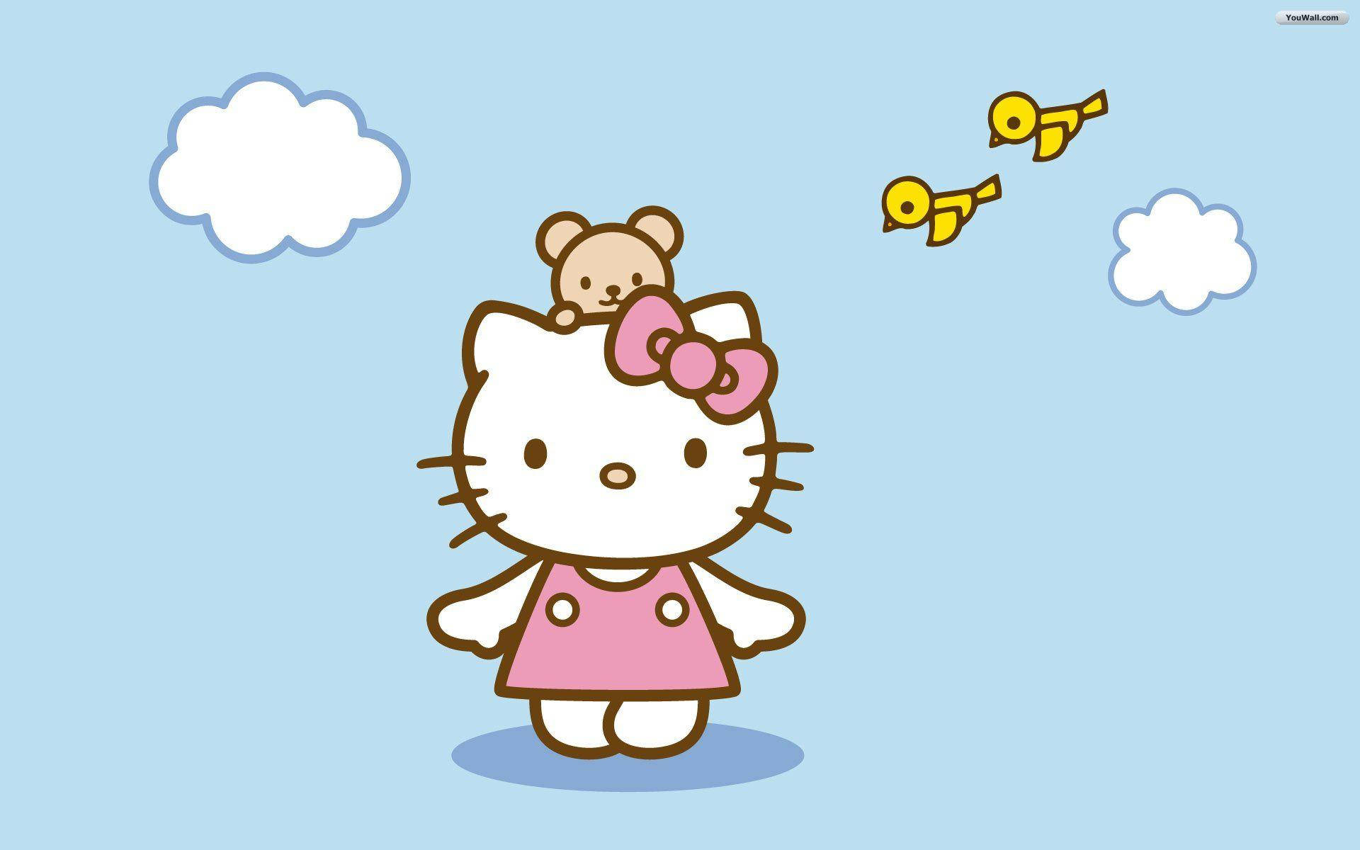 Hello Kitty, pink dress, teddy bear, Full HD Desktop Wallpaper