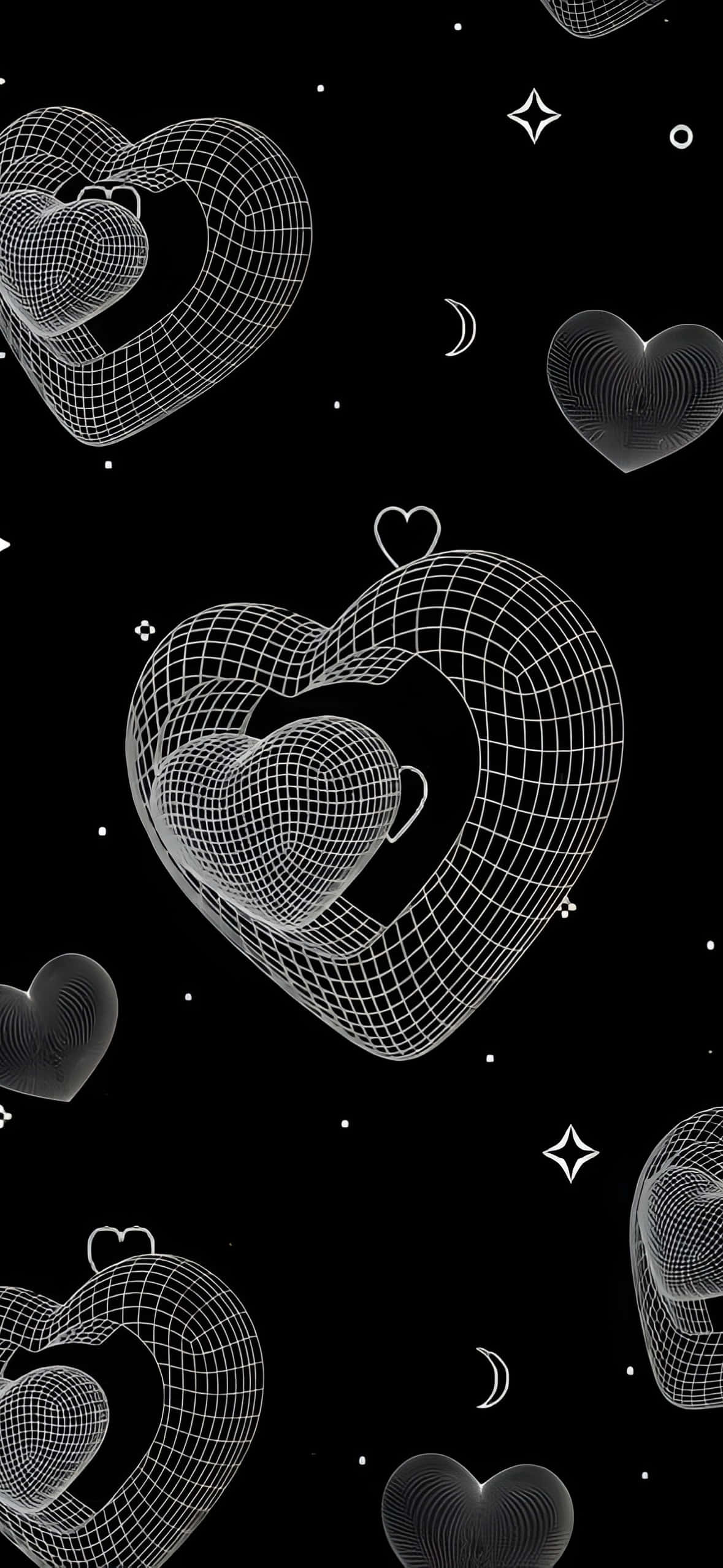 Y2K iPhone, white wireframe hearts, crescent moons, Full HD Phone Wallpaper