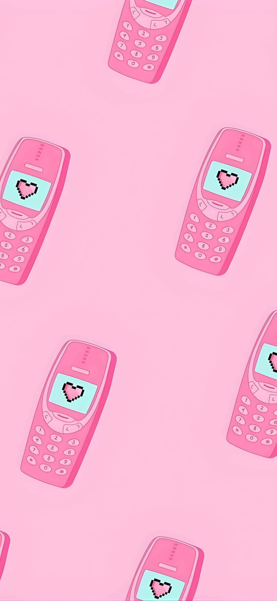Y2k Retro Phone Pattern, pink pixelated heart phones, soft pink background, Full HD Phone Wallpaper