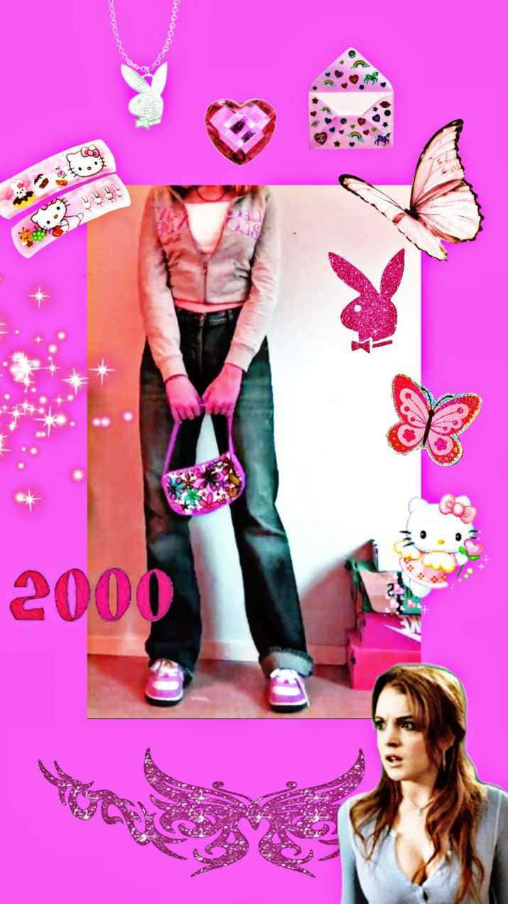 Y2K Aesthetic Collage, pink fashion, glittery Hello Kitty stickers, SD Phone Wallpaper