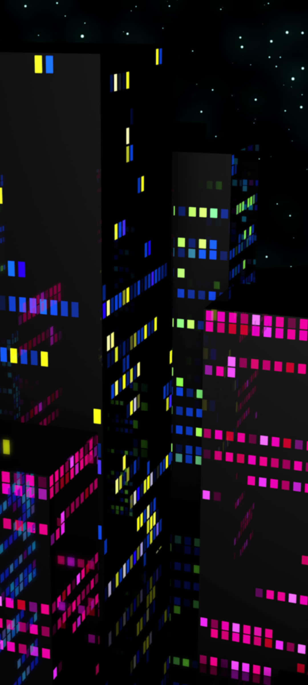 Dark City Cyber Y2K Aesthetic, towering skyscrapers, vibrant pixelated lights, Full HD Phone Wallpaper