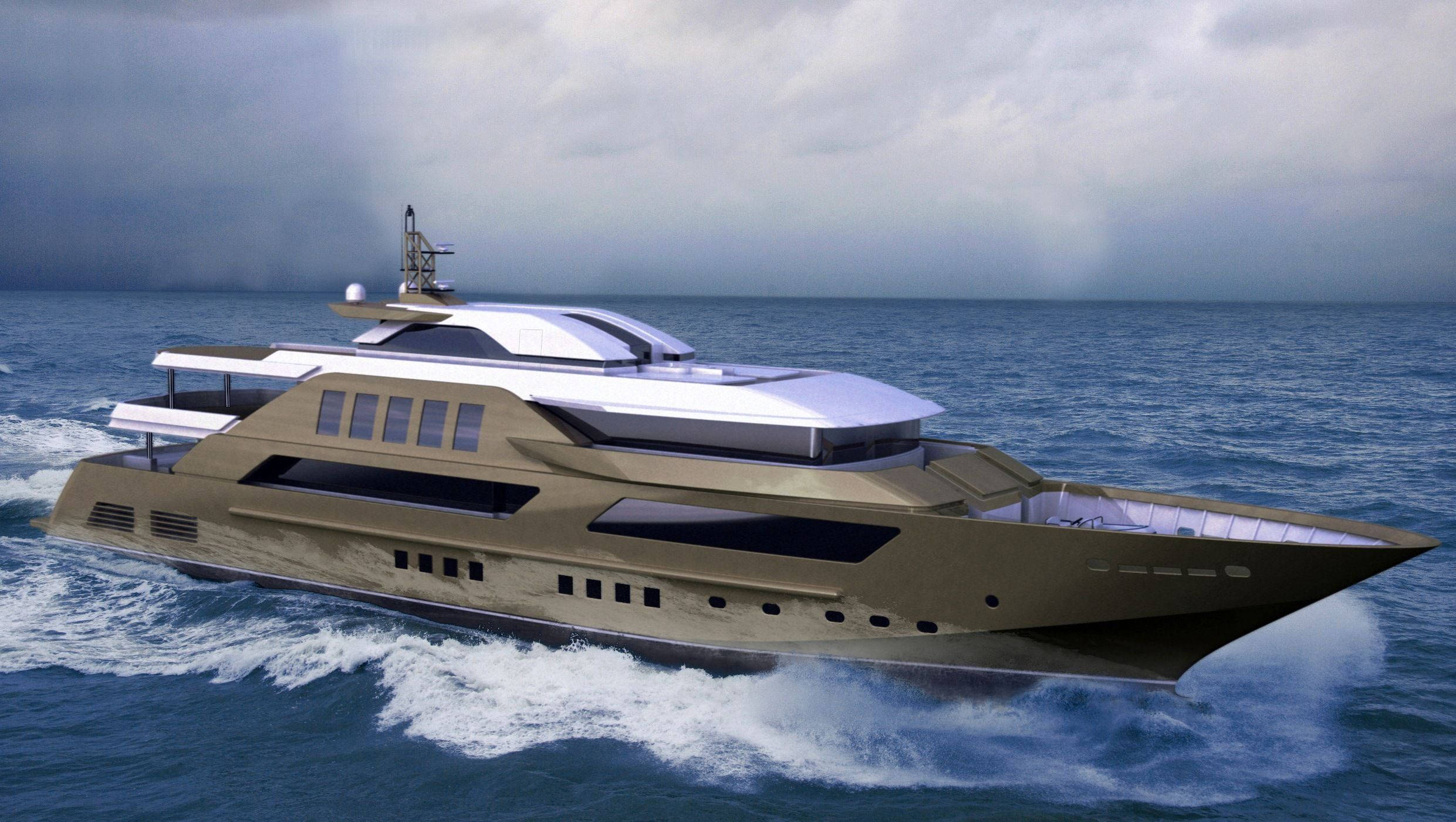 3D Yacht Model, gold yacht, choppy blue waters, Full HD Desktop Wallpaper