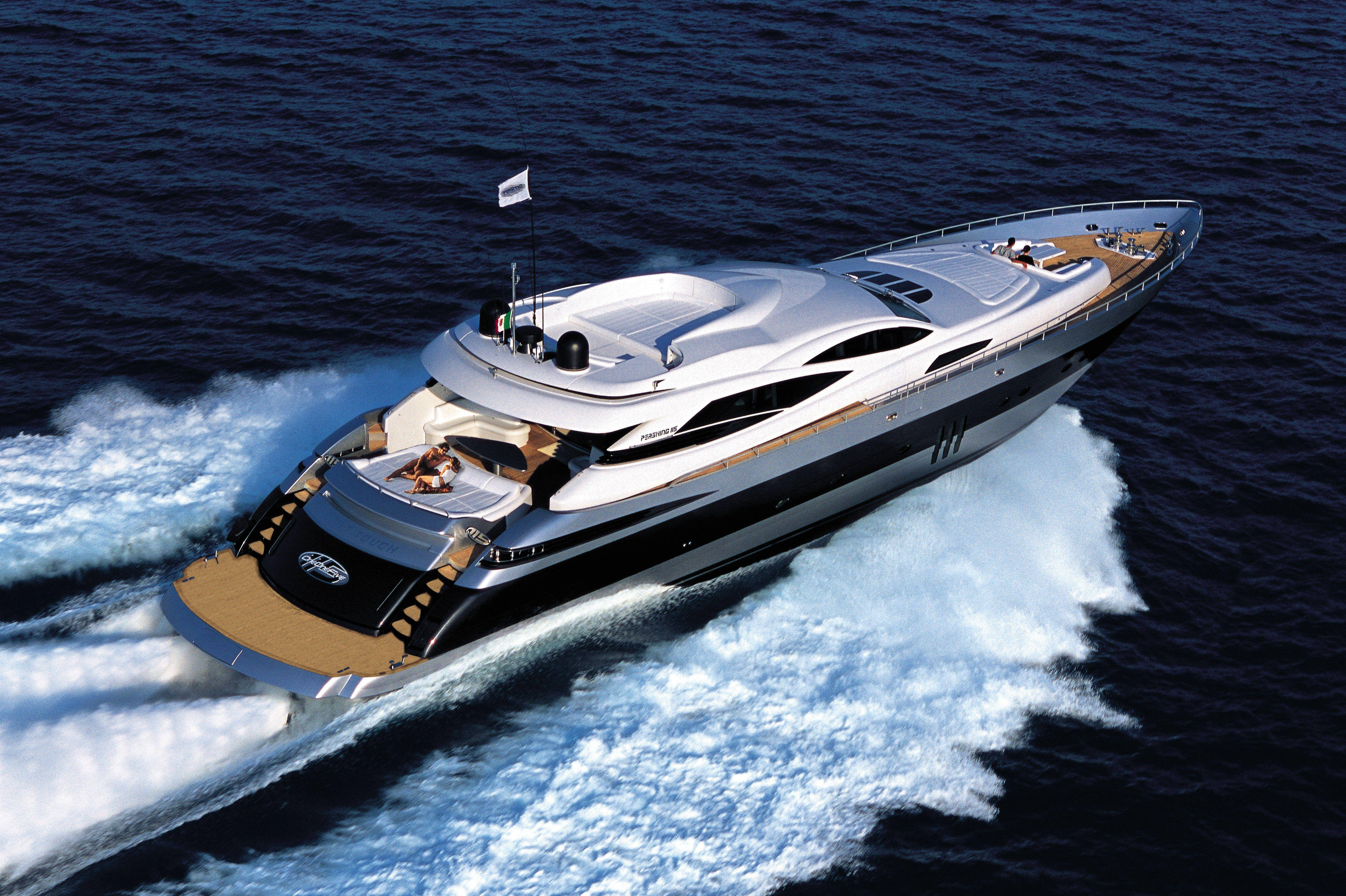sleek white luxury yacht, deep blue ocean water, frothy white wake, 5K Desktop Wallpaper