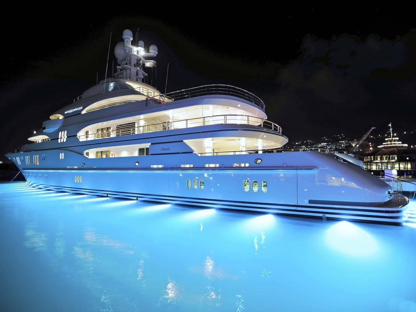 luxury white yacht, blue lights, night, HD Desktop Wallpaper