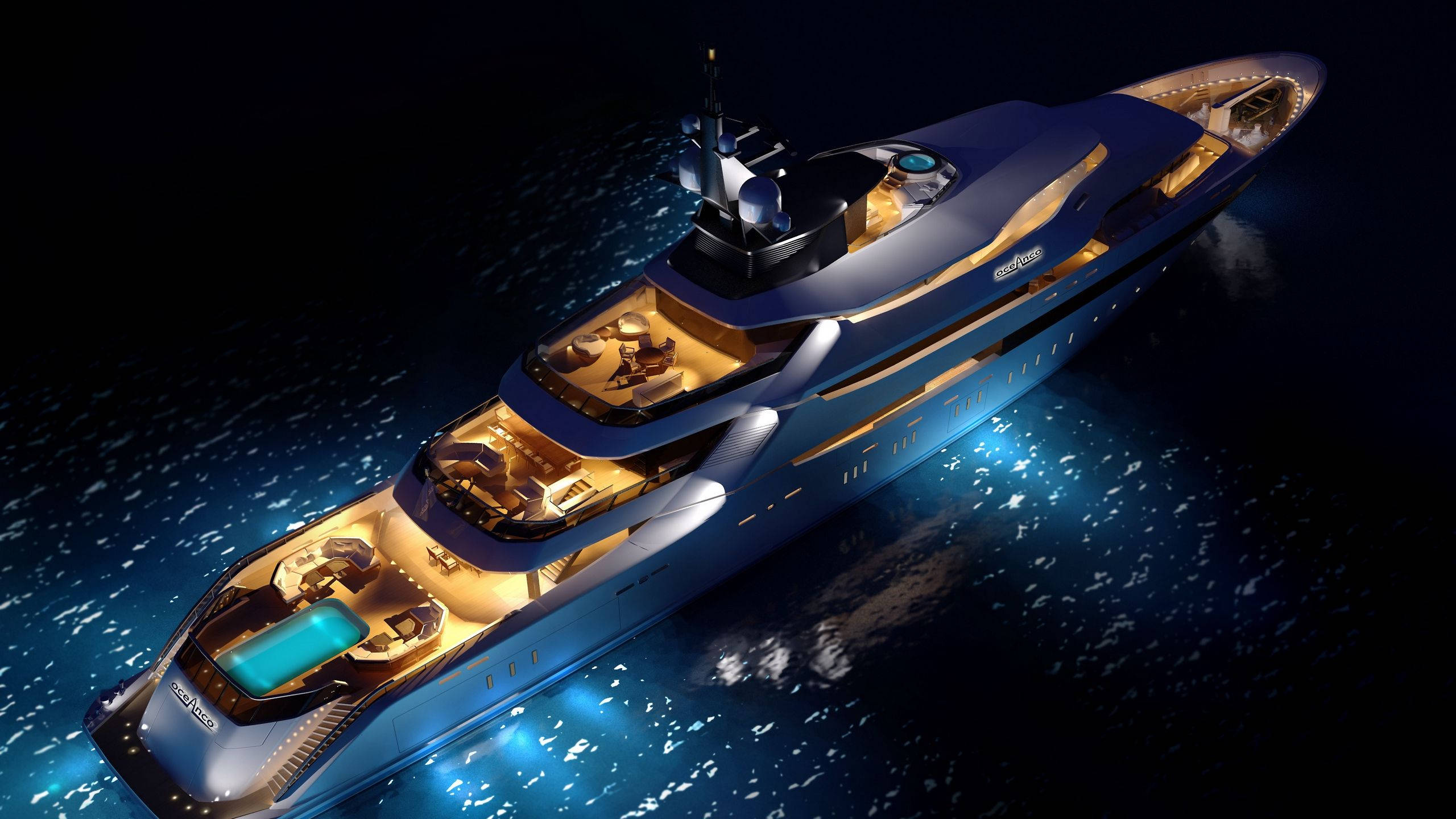 yacht, pool, dark waters, 2K Desktop Wallpaper