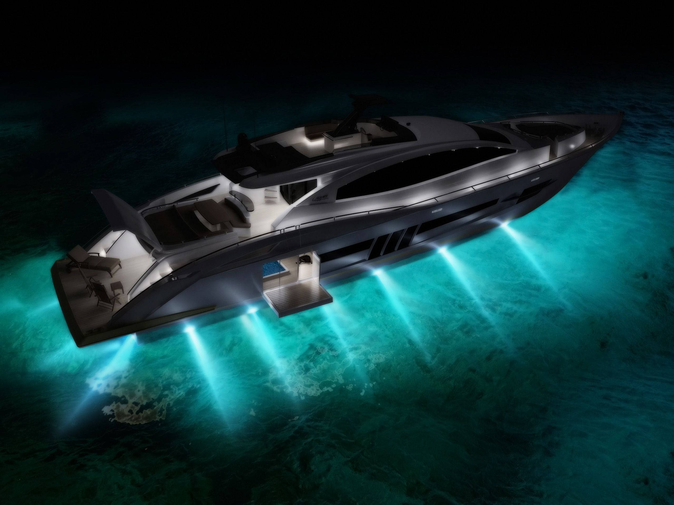 yacht, night, turquoise waters, 2K Desktop Wallpaper