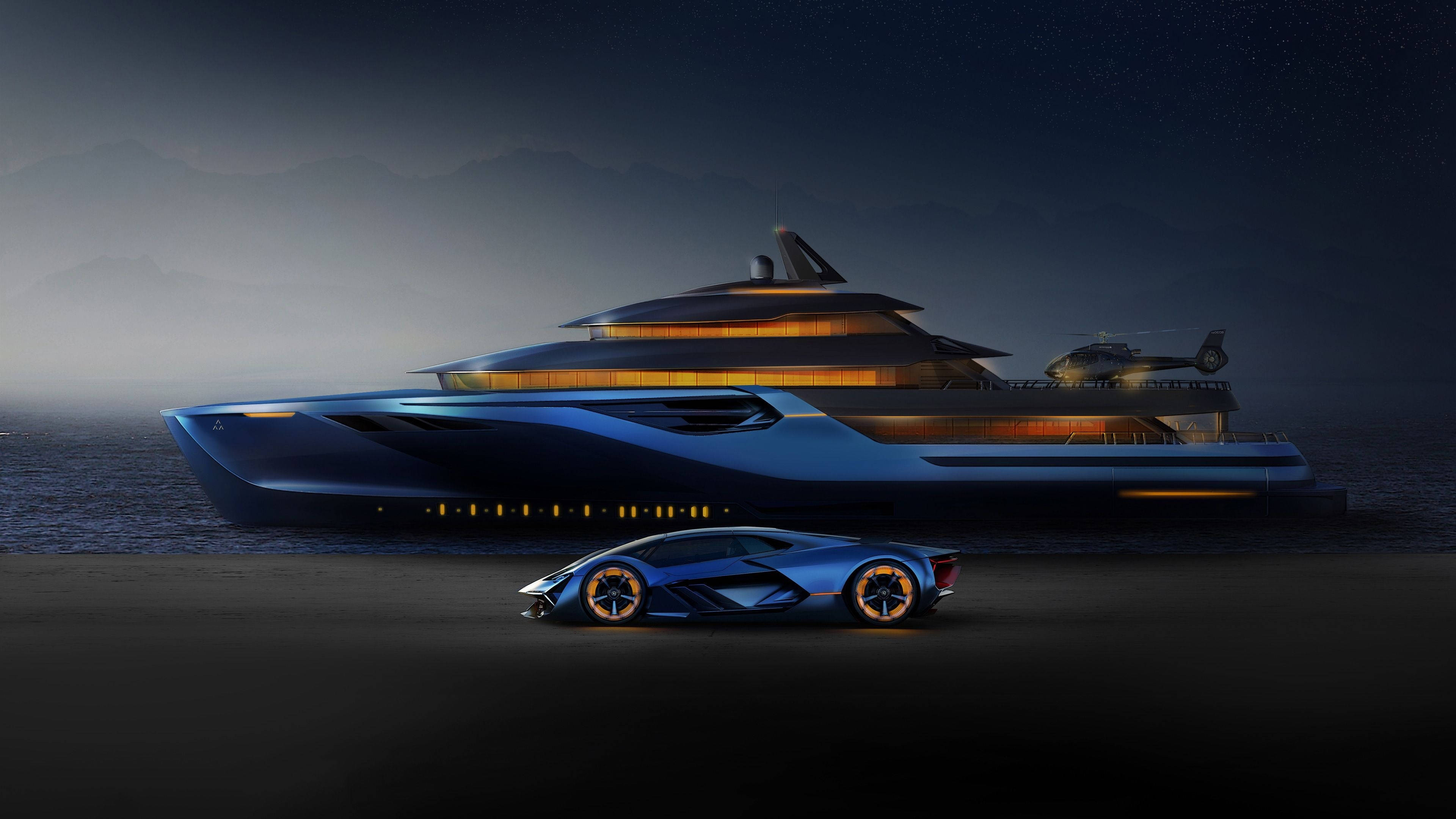 luxury blue yacht, sleek blue sports car, starry night sky, 4K Desktop Wallpaper