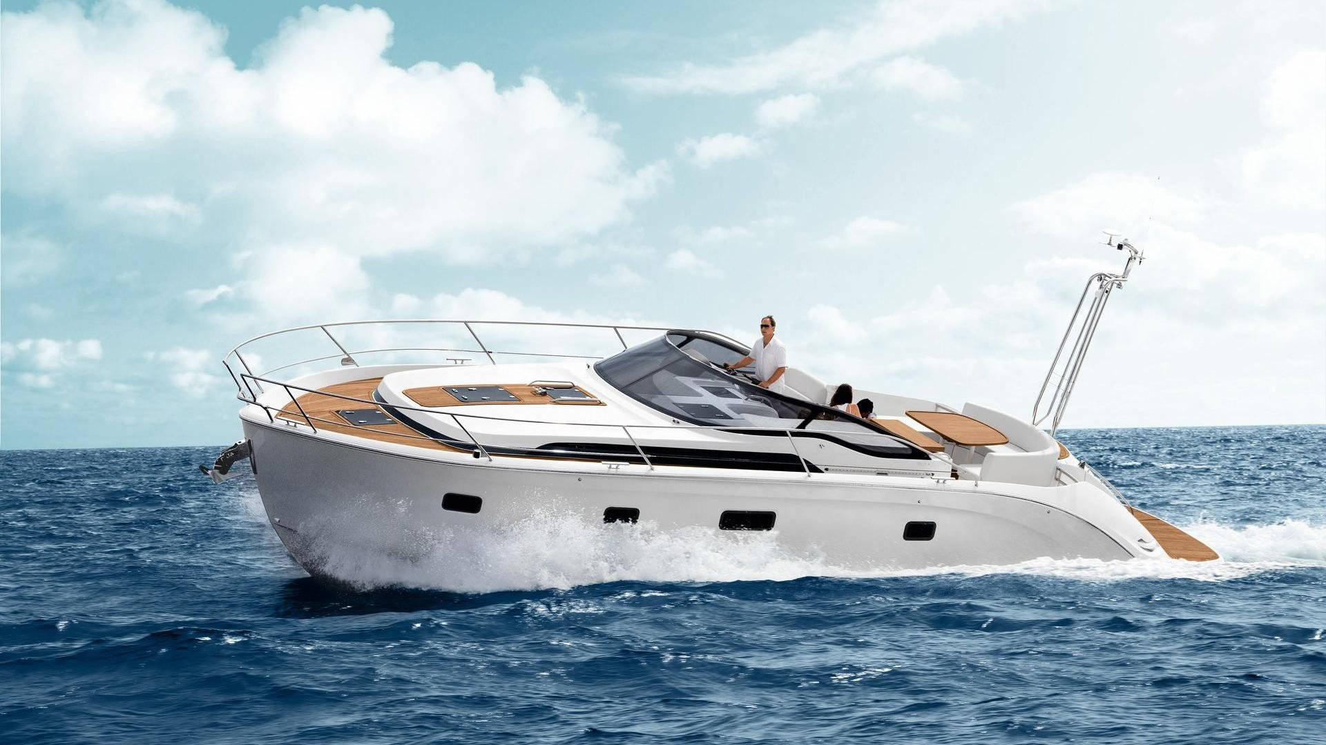 yacht, sleek white motor yacht, wooden accents, Full HD Desktop Wallpaper