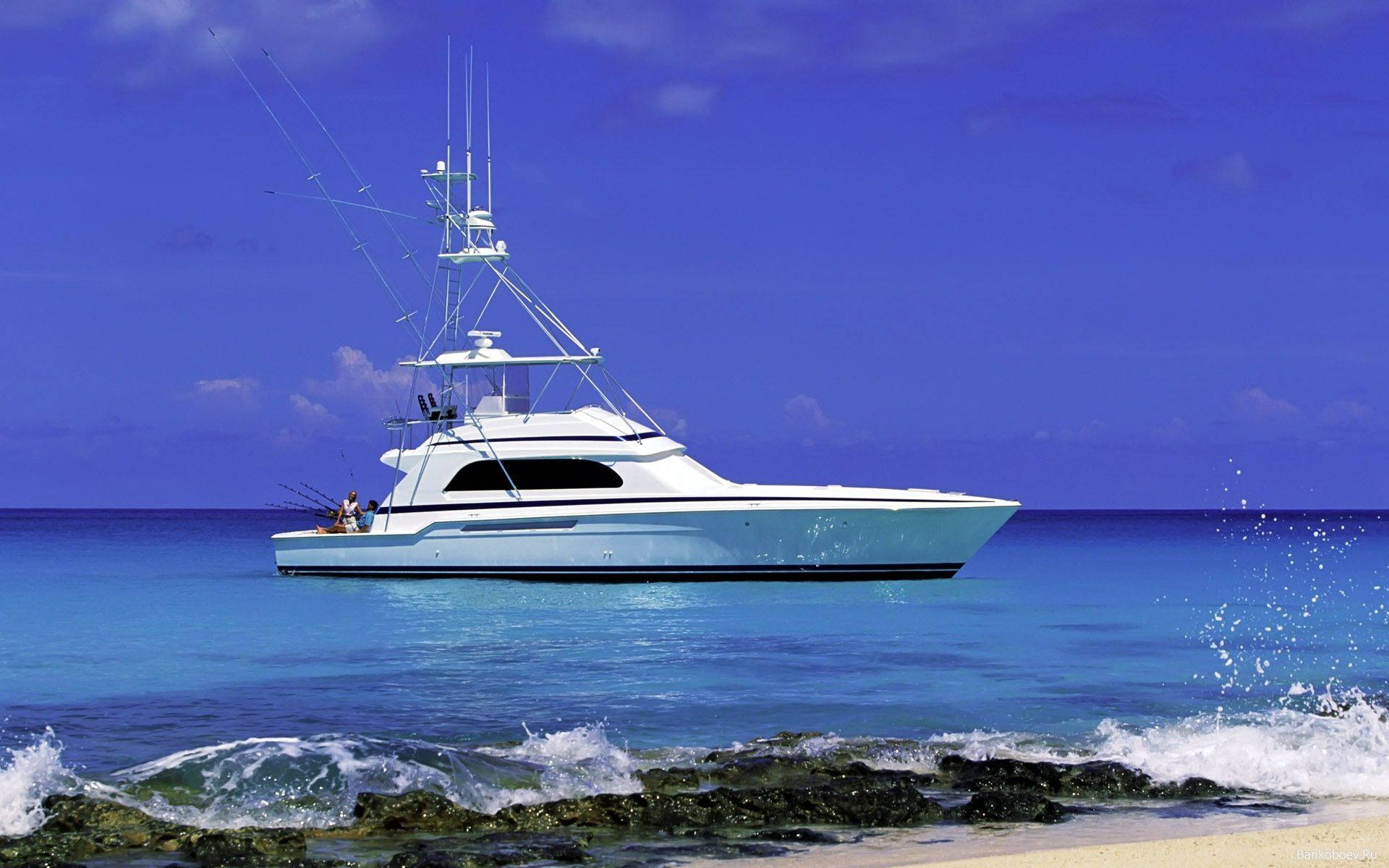 Yacht Seashore, white, turquoise waters, Full HD Desktop Wallpaper