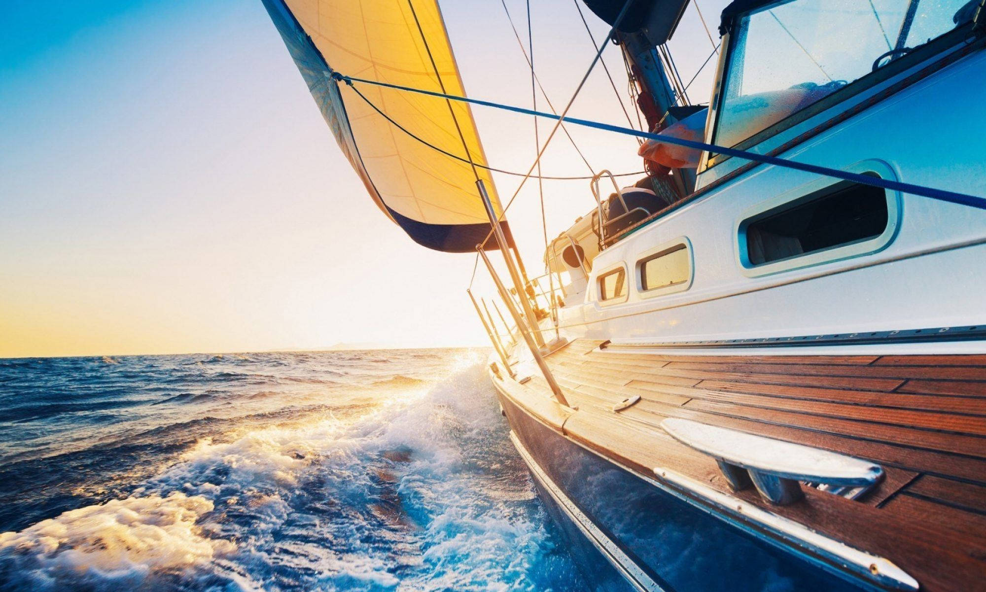 Sea Yacht, yellow sail, sparkling blue water, Full HD Desktop Wallpaper