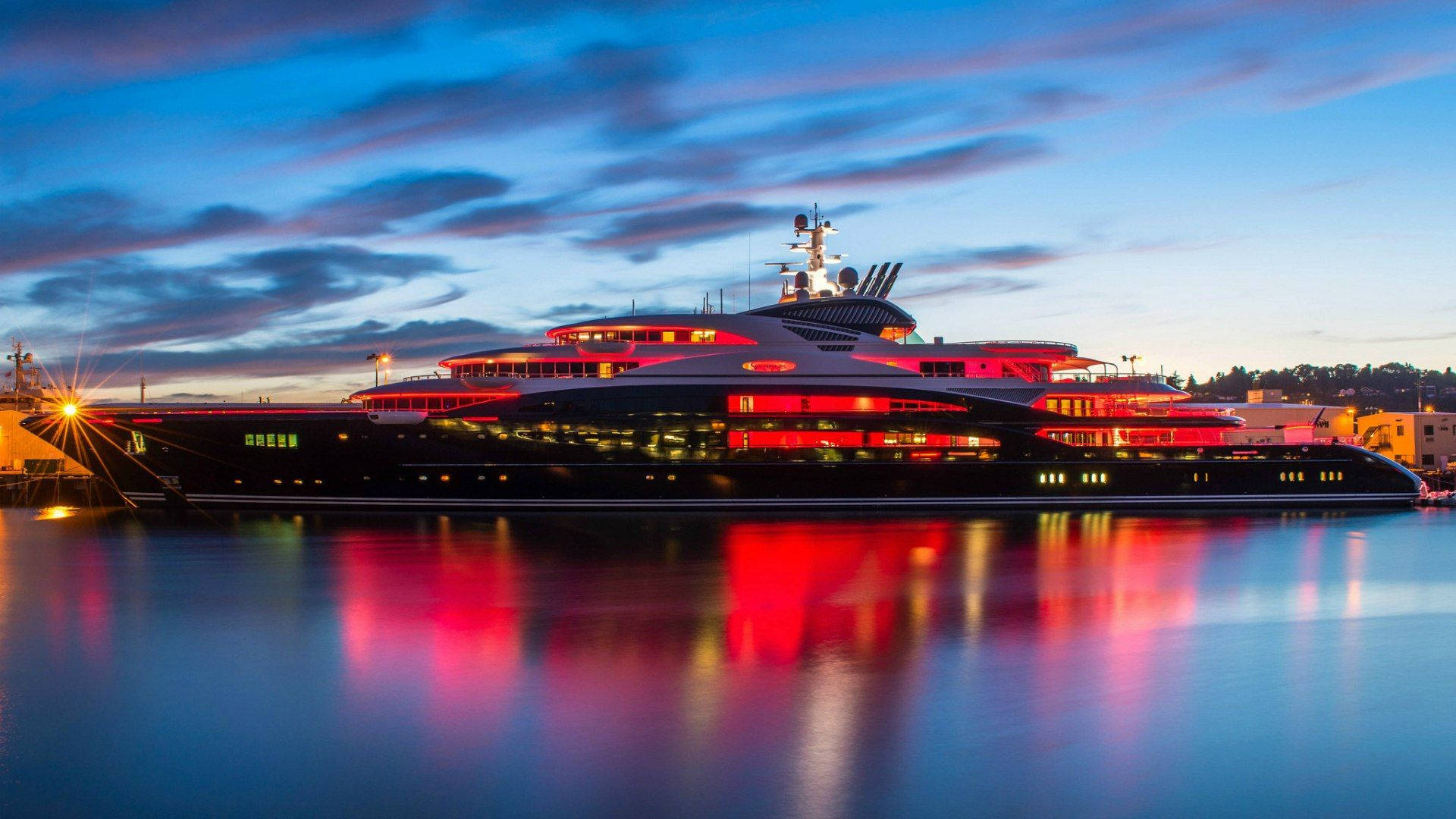 yacht, red lights, twilight sky, Full HD Desktop Wallpaper