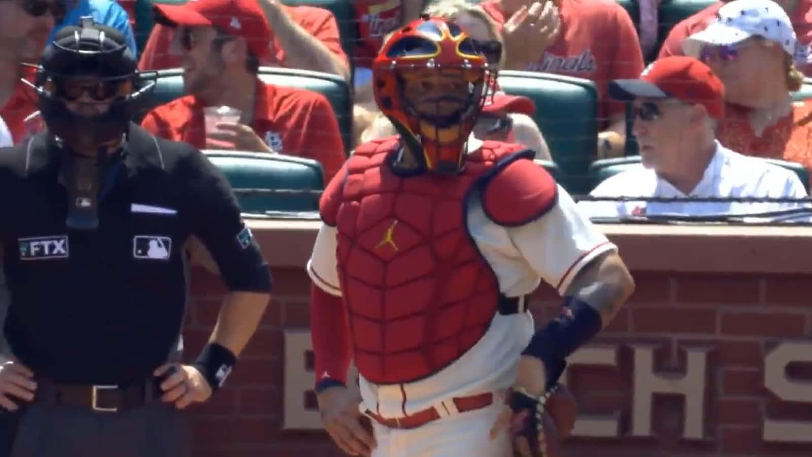 Yadier Molina, red gear, umpire, HD Desktop Wallpaper