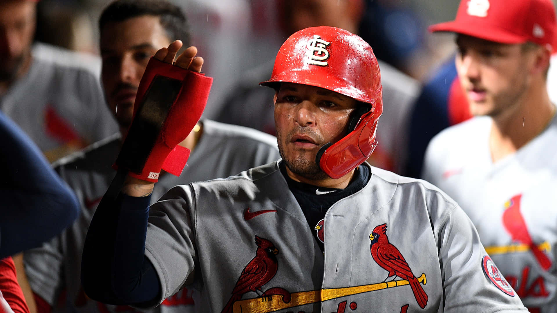 Yadier Molina, red helmet, gray Cardinals uniform, Full HD Desktop Wallpaper