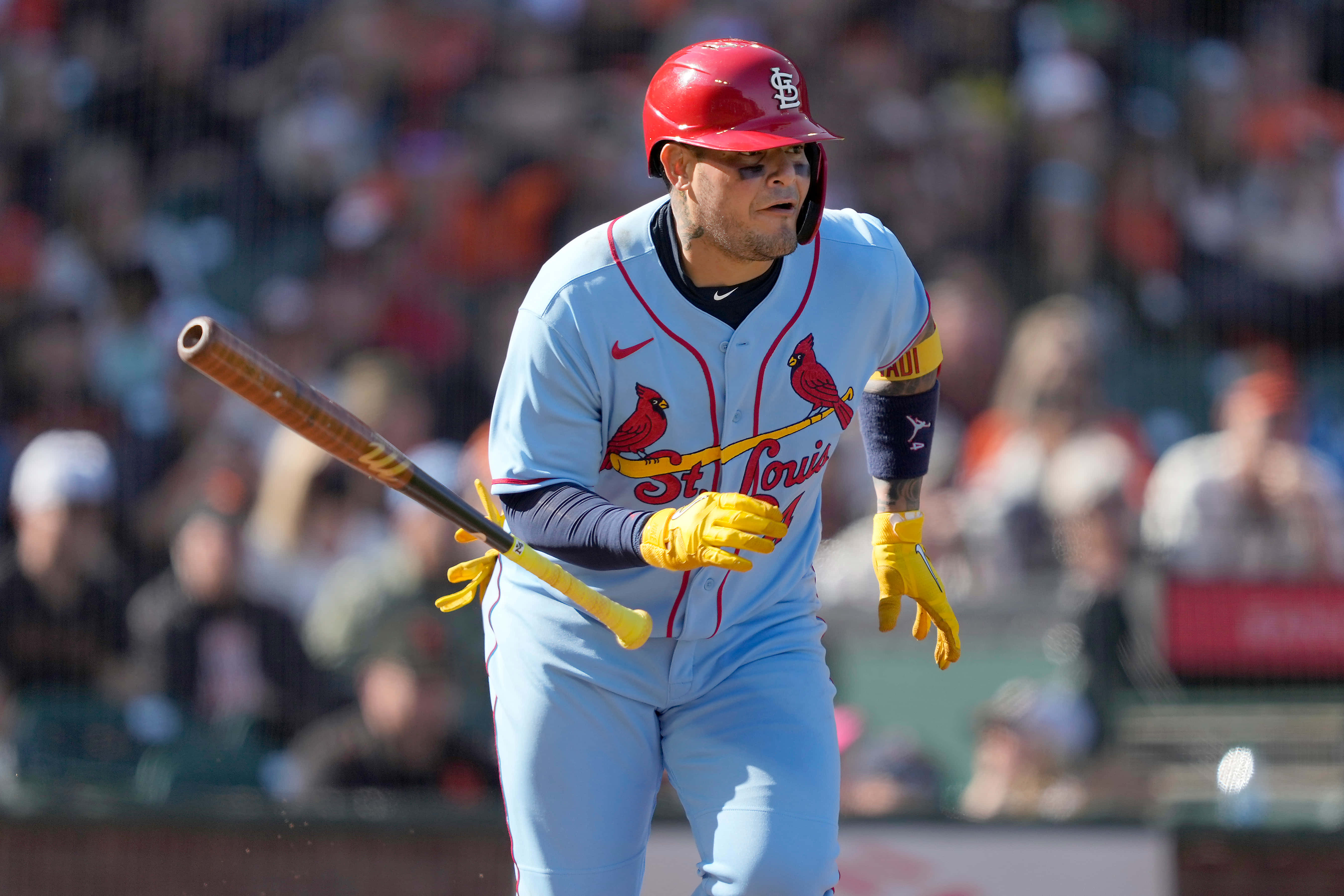 Yadier Molina, light blue Cardinals uniform, red helmet, 5K Desktop Wallpaper