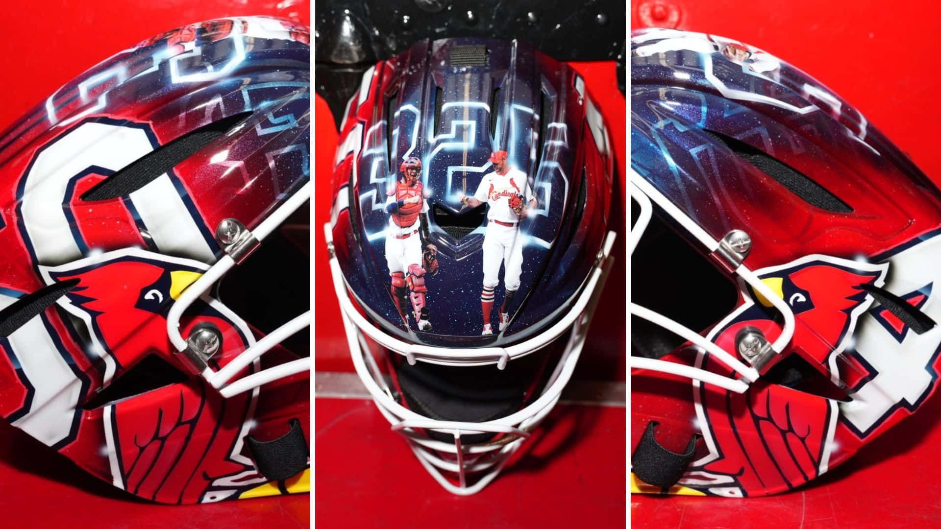 Yadier Molina, red baseball helmet, cardinal logo, Full HD Desktop Wallpaper