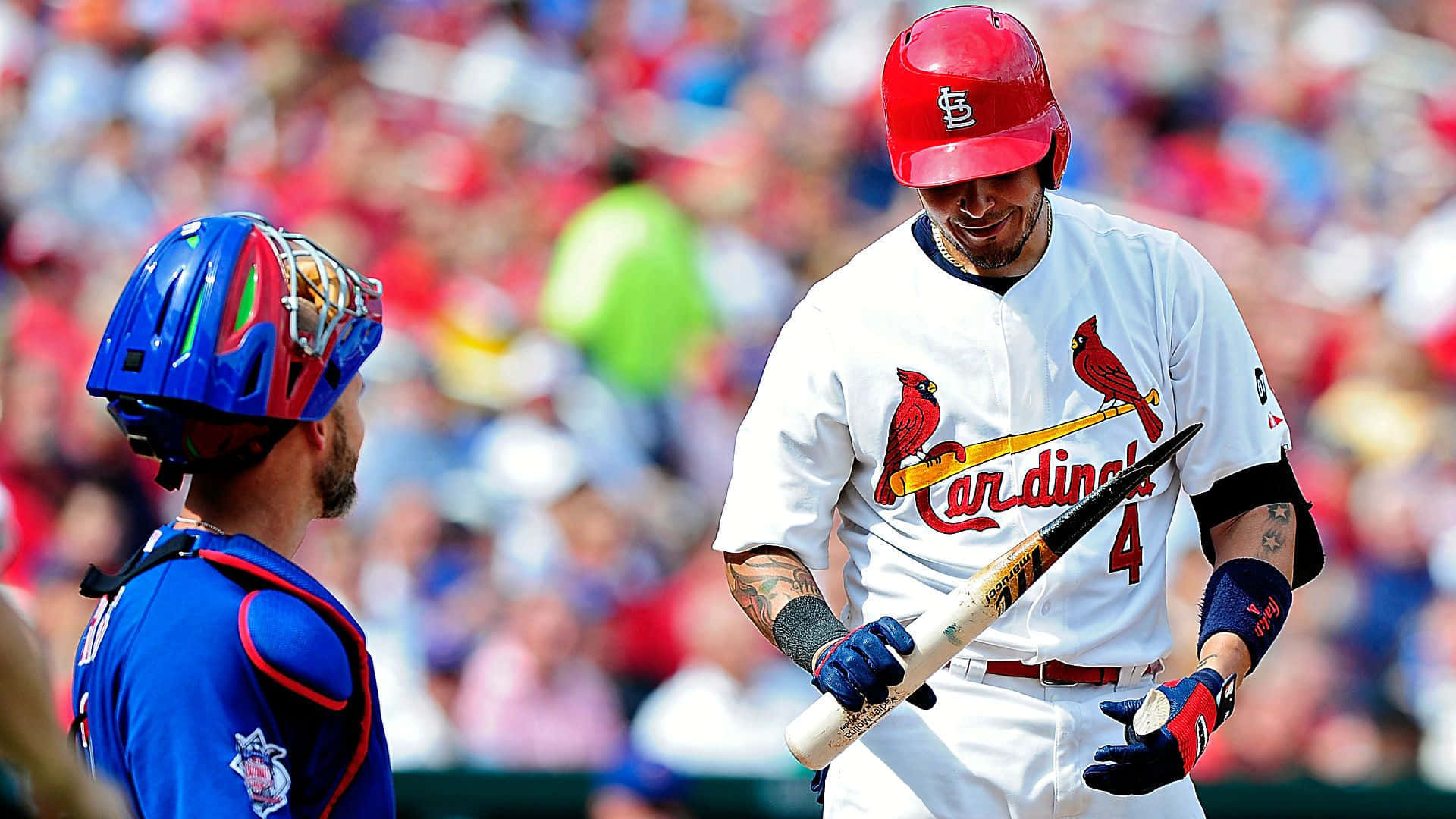 Yadier Molina, red helmet, white Cardinals uniform, Full HD Desktop Wallpaper