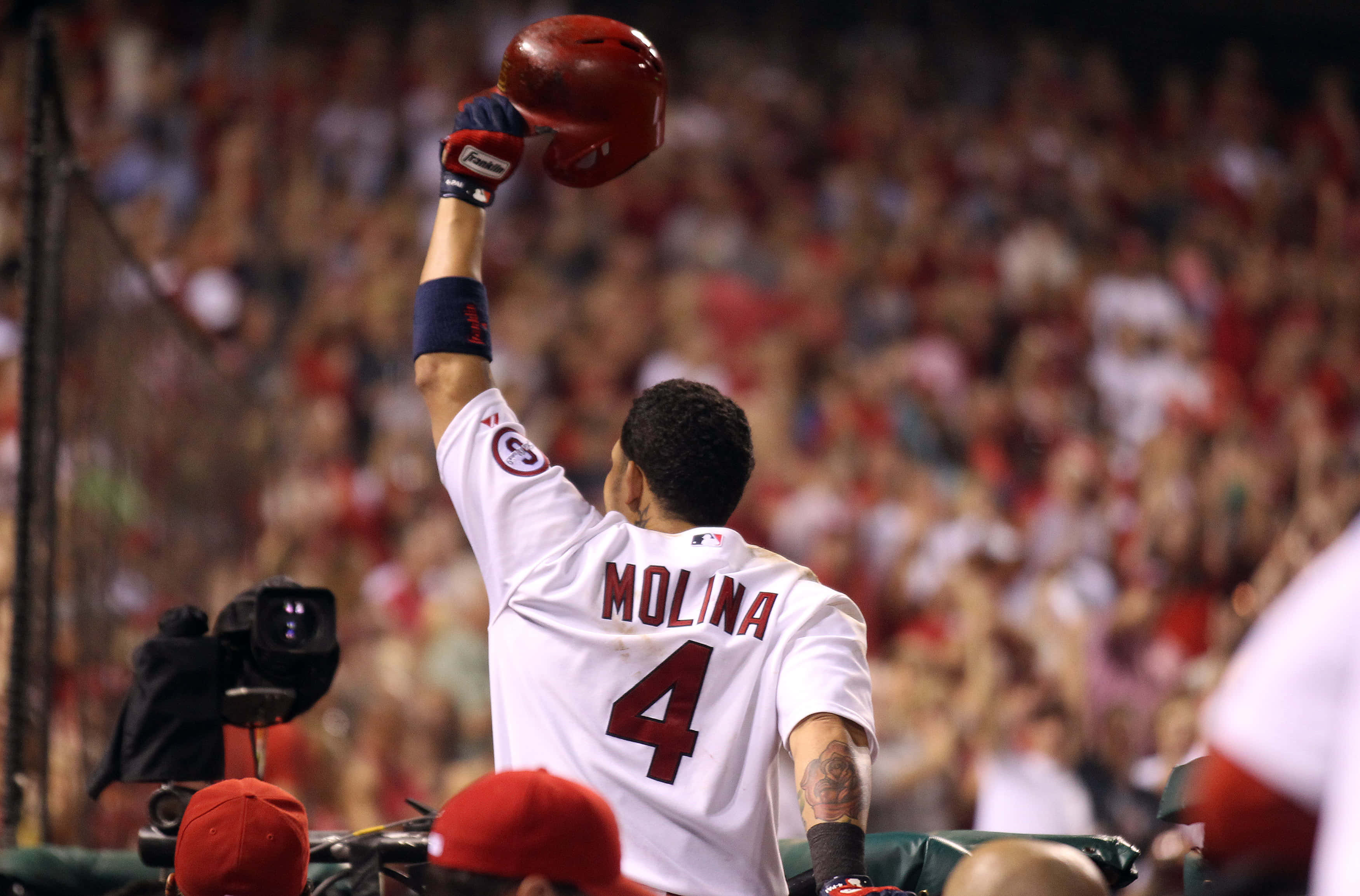 Yadier Molina, white jersey number 4, red helmet, 2K Desktop Wallpaper