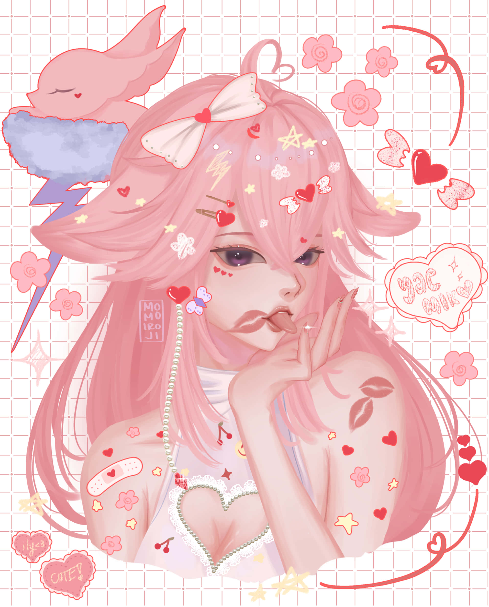 Yae Miko, pink-haired anime girl, heart stickers, Full HD Phone Wallpaper