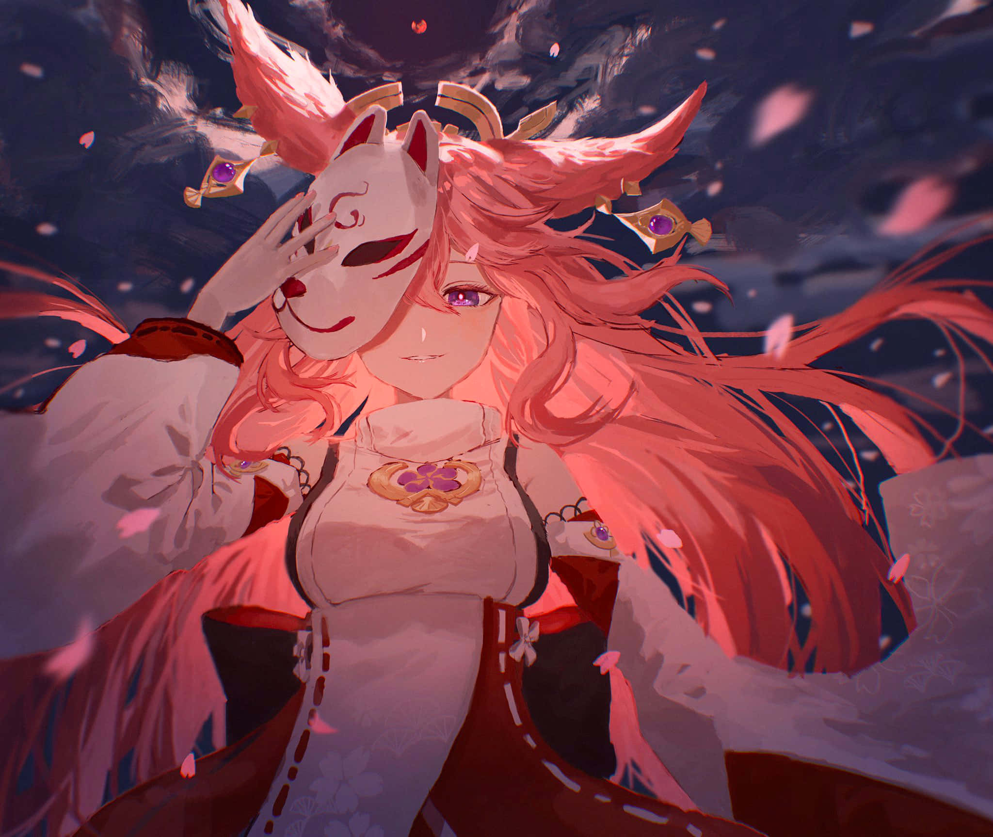 Yae Miko, fox mask, pink-haired anime fox spirit, Full HD Desktop Wallpaper