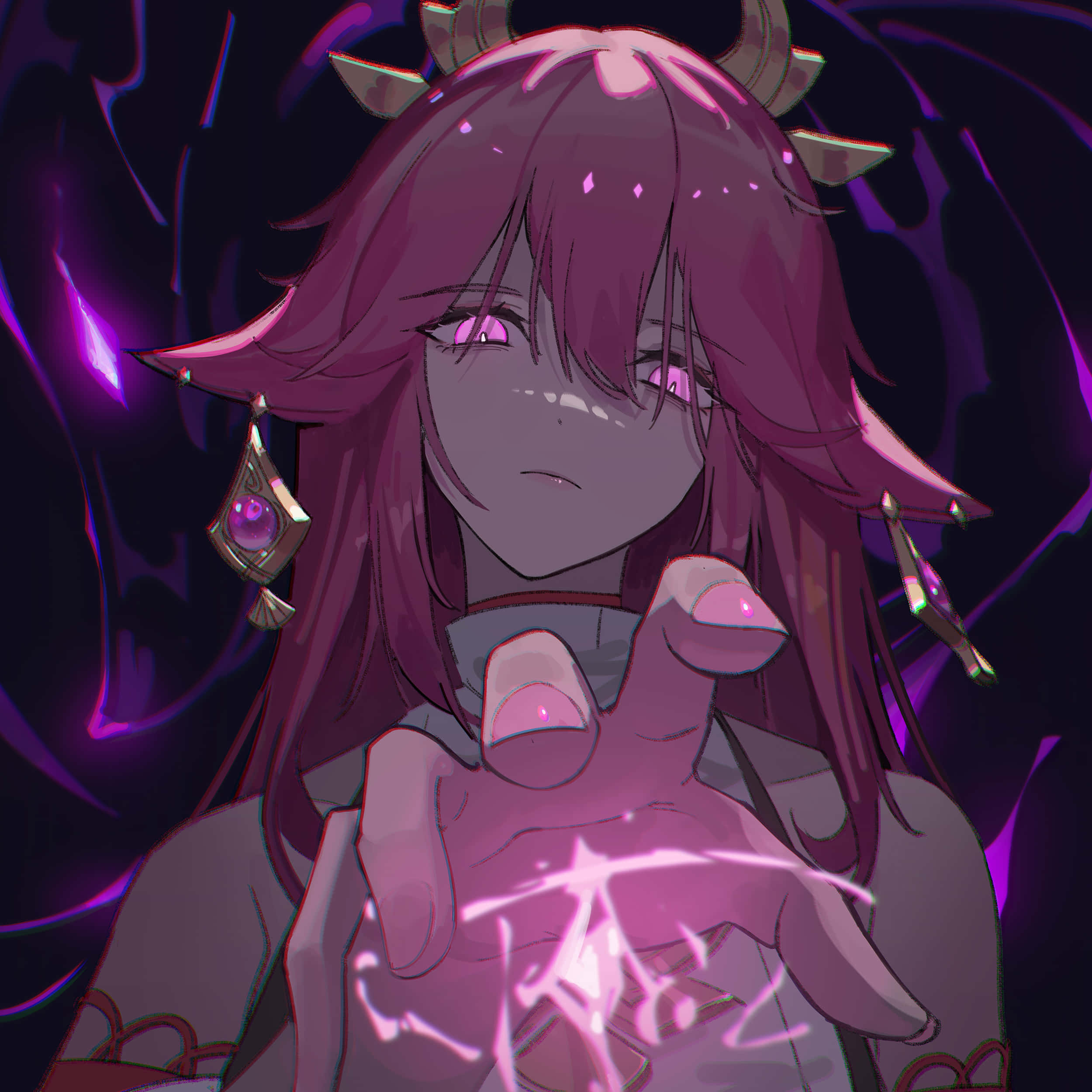 Yae Miko, pink electricity, purple-haired anime girl, Full HD Desktop Wallpaper