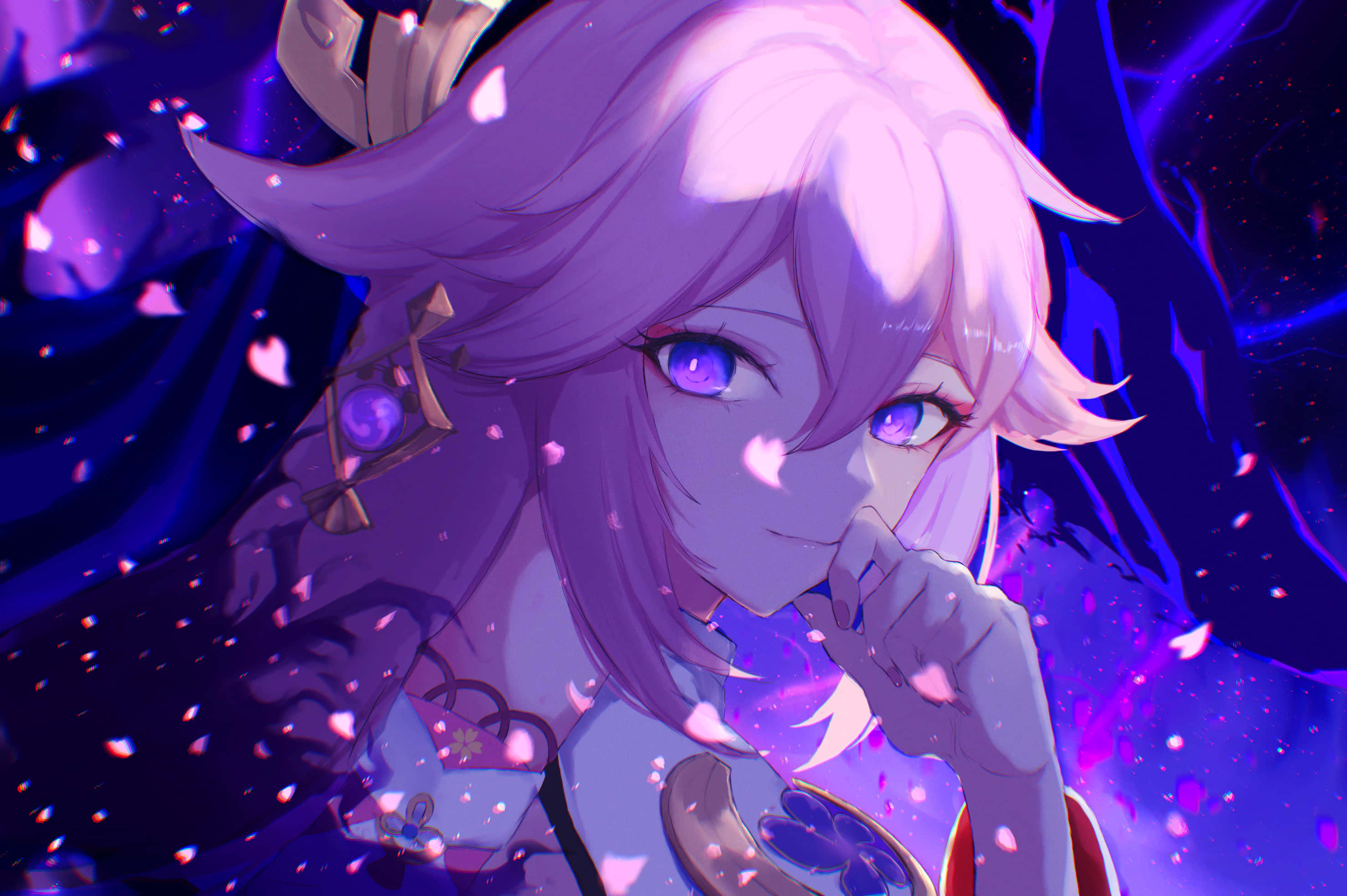 Yae Miko, purple-haired, glowing eyes, 2K Desktop Wallpaper