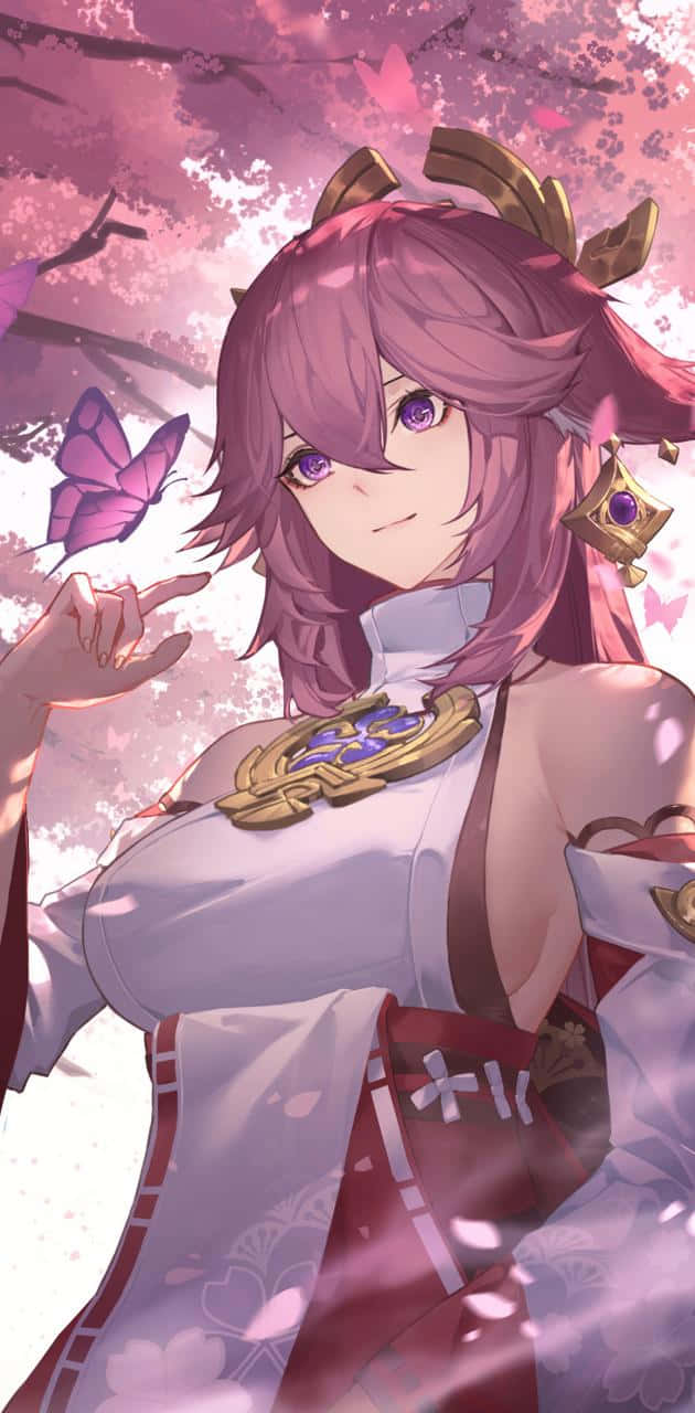 Yae Miko, butterfly, pink-haired anime girl, HD Phone Wallpaper